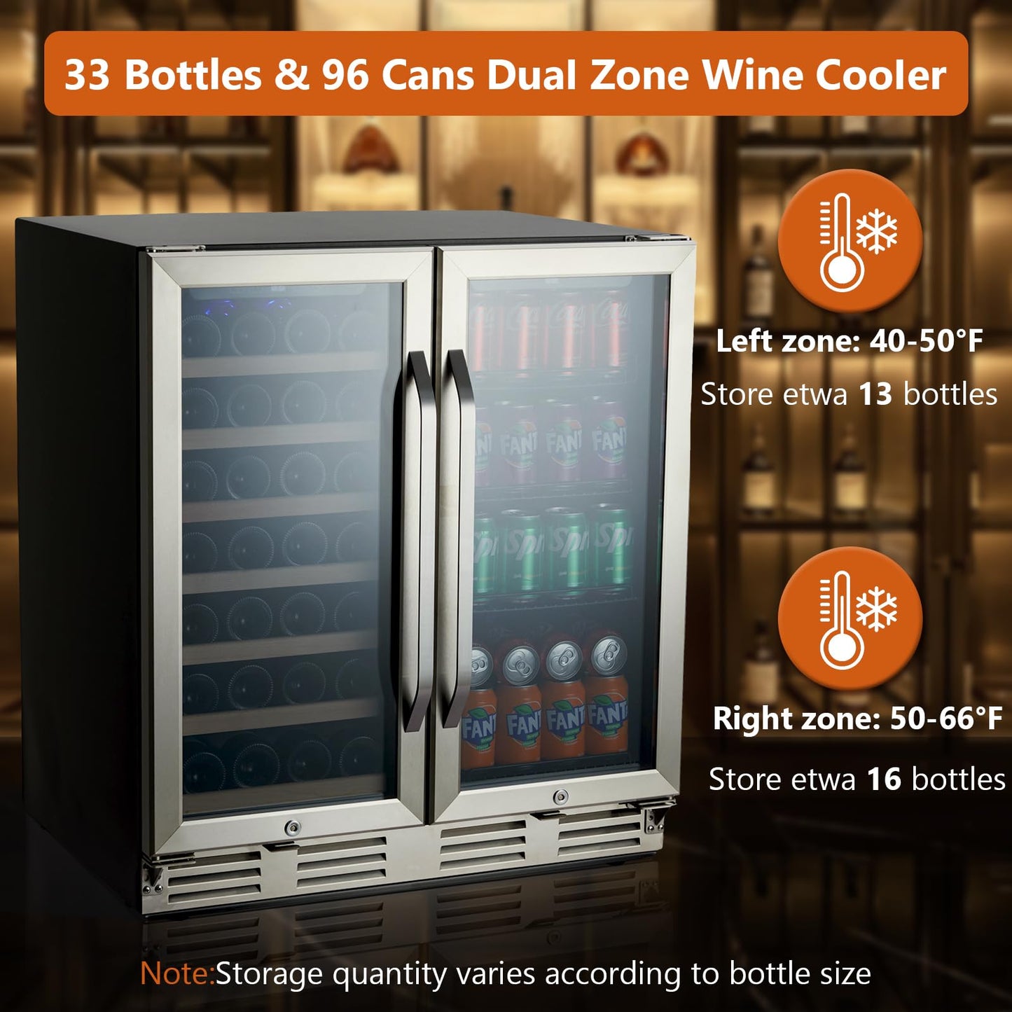 Garvee 30 Inch Wine and Beverage Refrigerator Dual Zone with Digital Temperature Control Safety Locks, Hold 33 Bottles and 100 Cans for Kitchens Bar