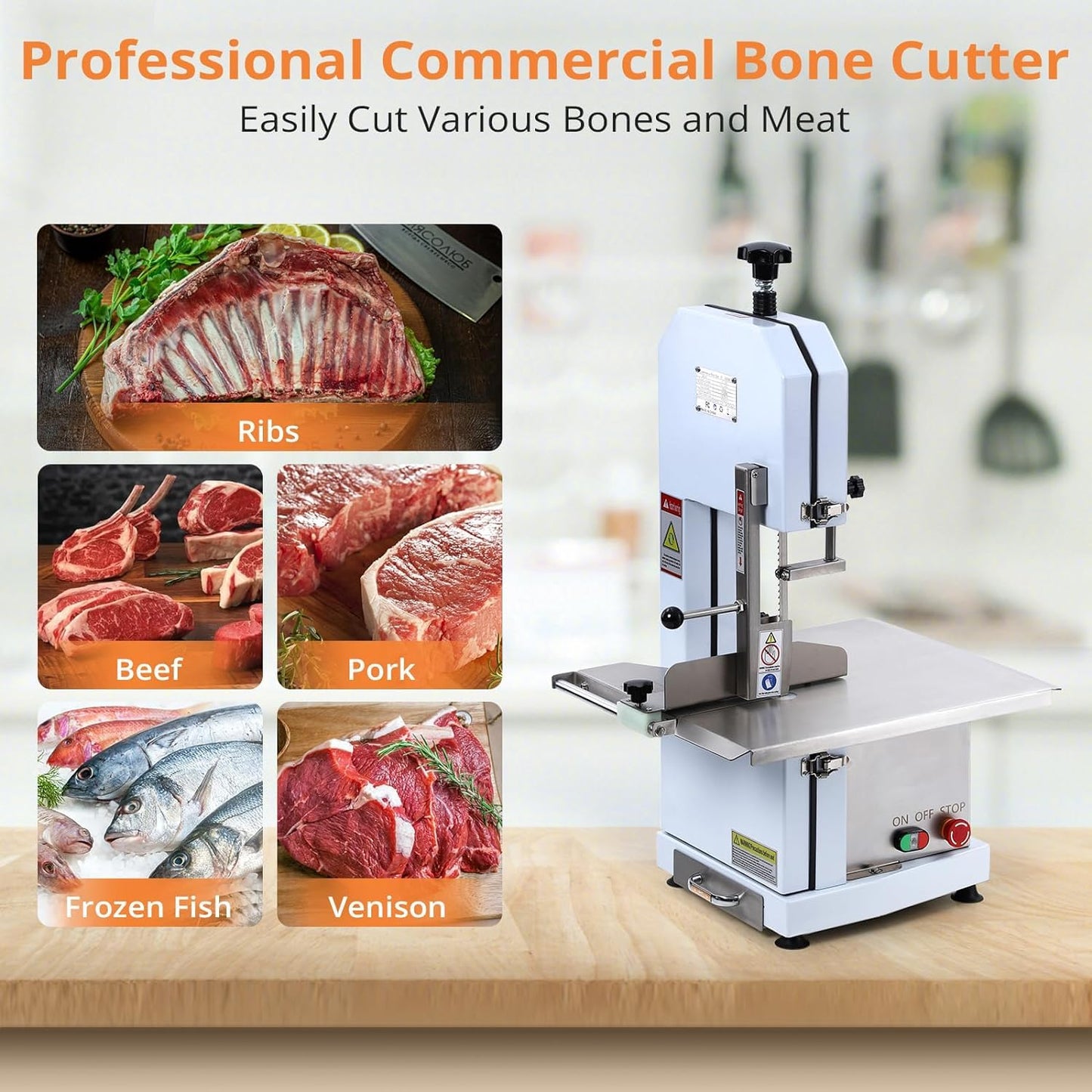 Garvee Commercial Electric Meat Bandsaw, 1100W Bone Saw Machine, 0.39～6.6 Inches Cutting Thickness with 6 Saw Blades, Meat Bandsaw Butchering with Workbench Width of 20.86 x 17.52 Inches