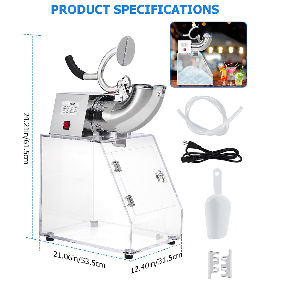 Garvee Commercial Ice Crusher Shaver Snow Cone Maker, Stainless Steel Electric Snow Cone Machine with Dual Blades, Acrylic Box, Safety On/Off Switch, Shaved Ice Machine for Home, Restaurants, Bars