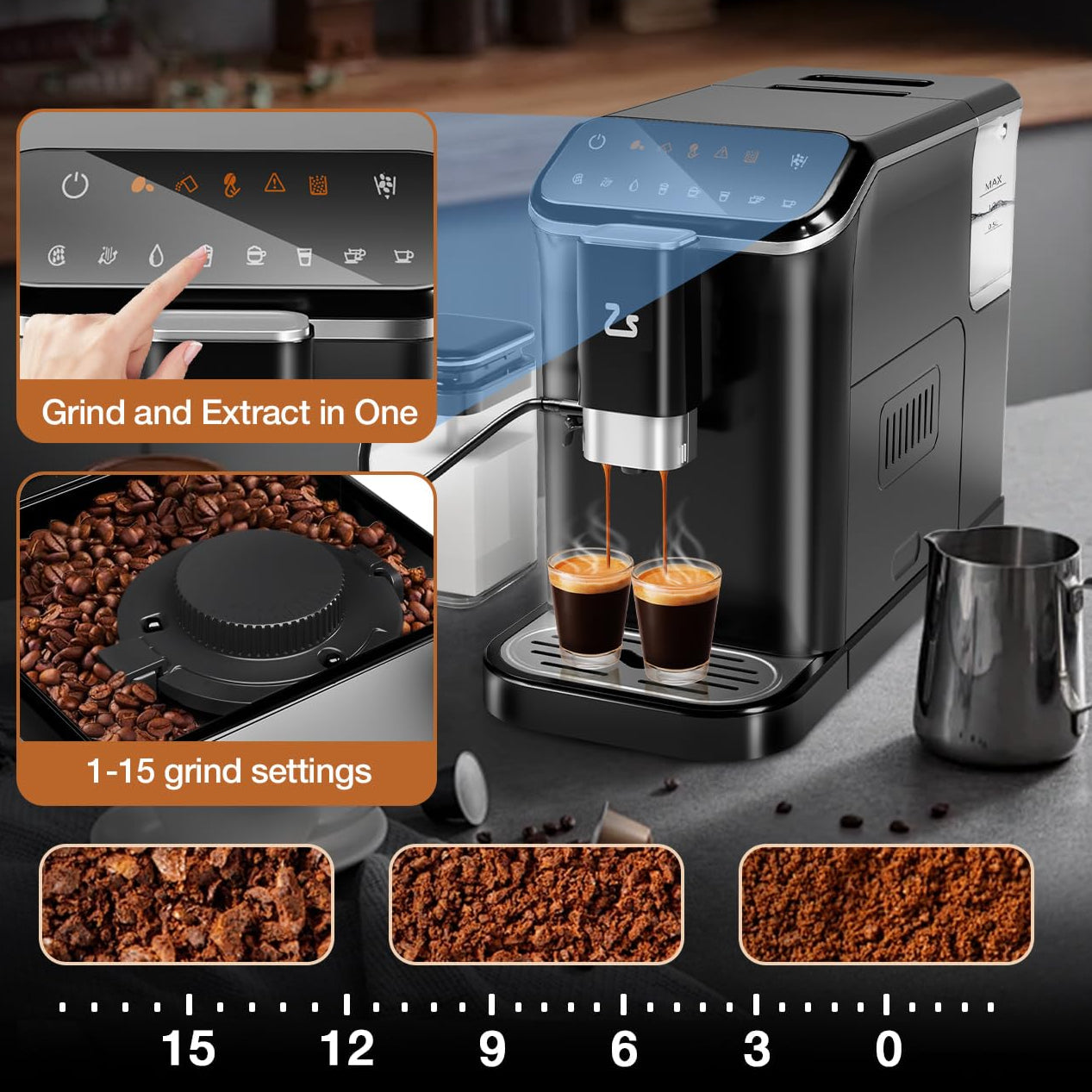 Garvee 20 Bar Espresso Machine with Built - in 15 - Setting Grinder, Automatic Milk Frother, 1.5L Water Tank & Dual Boiler