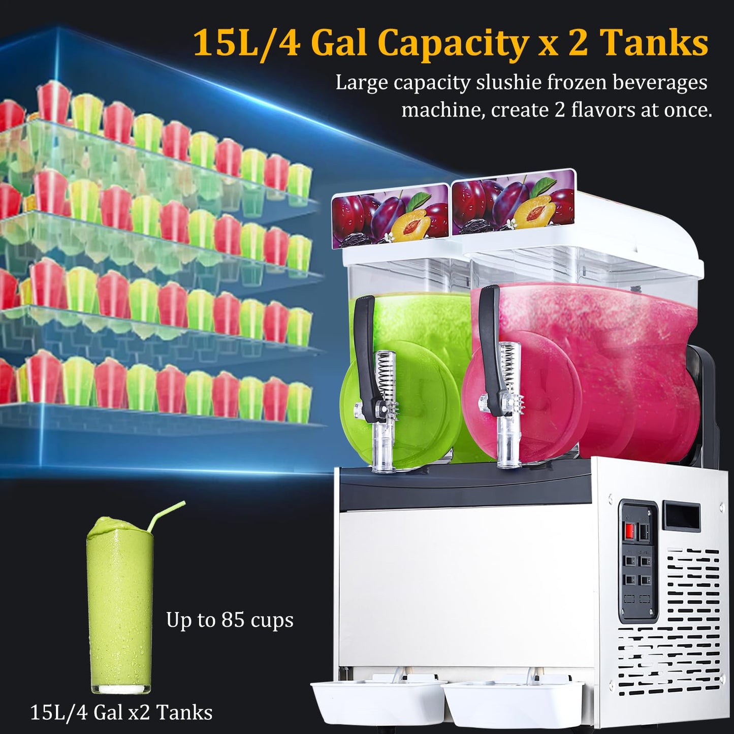 Garvee 30L Commercial Slushy Machine, Dual 15L Tanks, Temp Control, Stainless Margarita Maker for Home Restaurant Bar Party Nail Salons