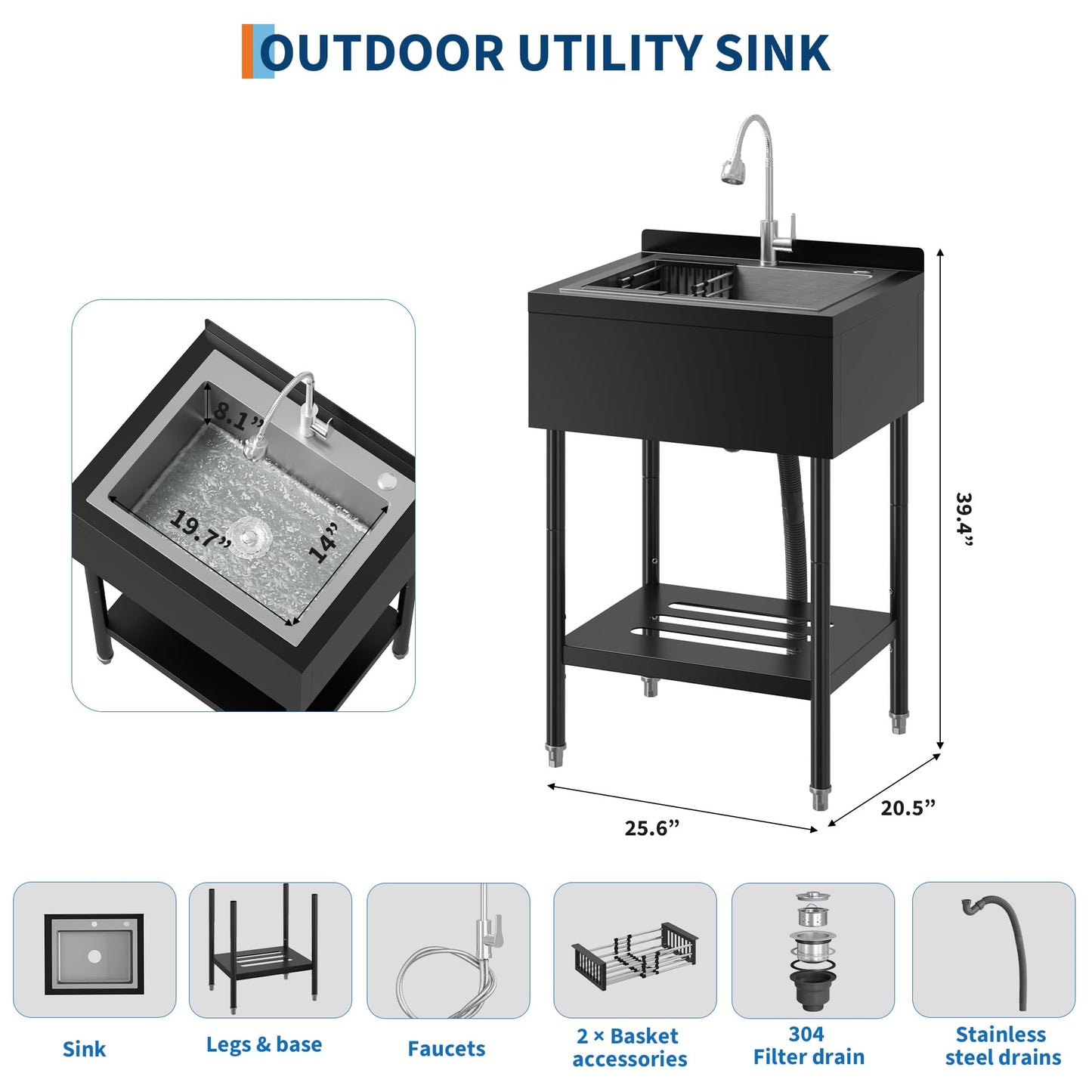 Garvee 21"D X 26"W X 40"H Commercial Stainless Steel Utility Sink With Hot & Cold Water Faucet, Drain Basket For Indoor & Outdoor Use, Black