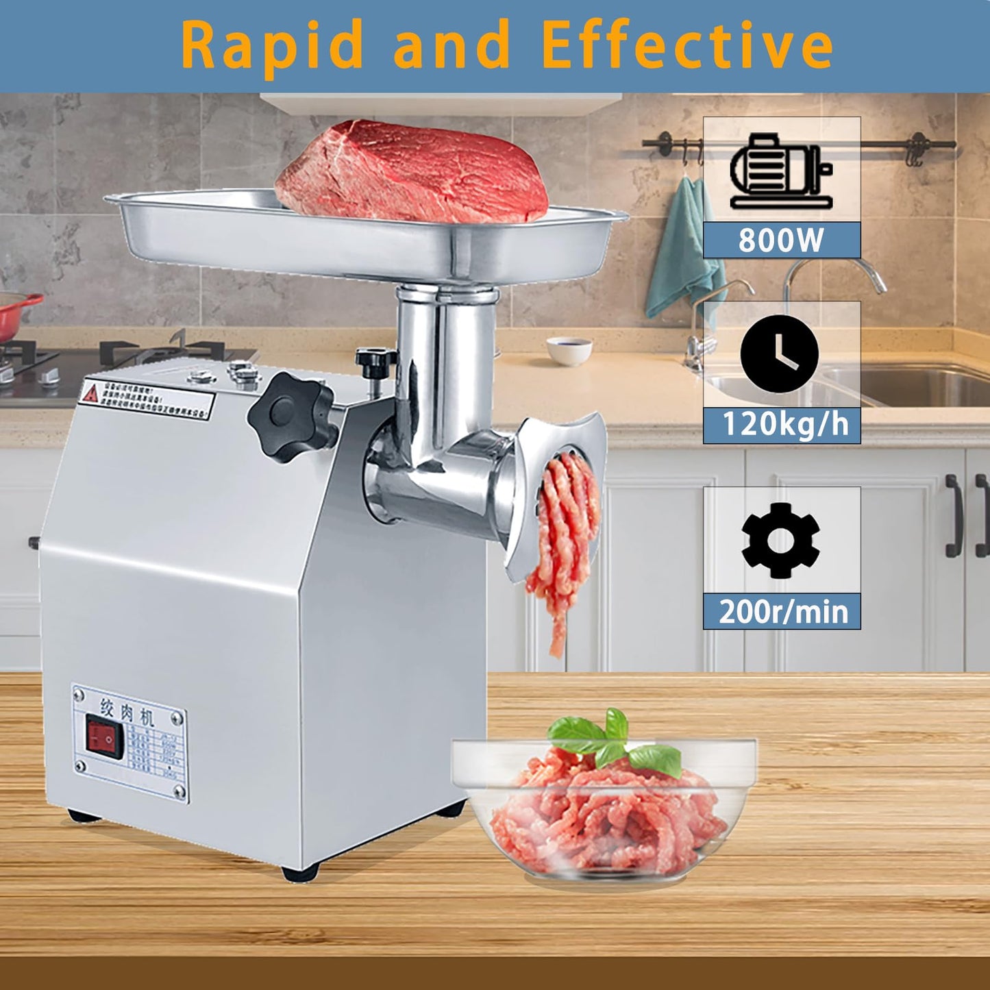 GARVEE Commercial Meat Grinder - 800W Max, Heavy-Duty Stainless Steel Electric Grinder, 265 lbs/H with 2 Blades, 2 Plates, and Sausage Stuffer Tube for Home Kitchen