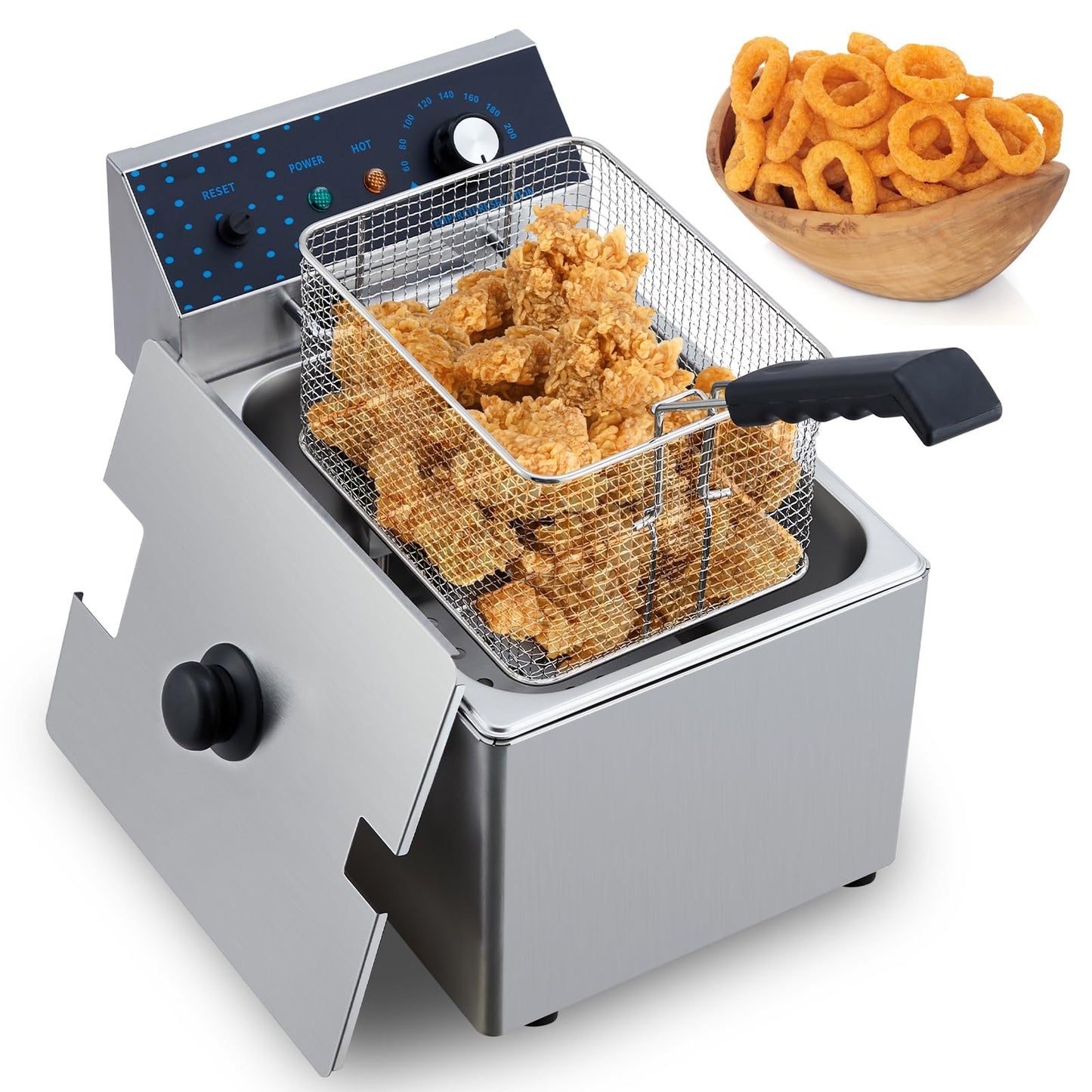 Garvee 8L 1600 Watts Electric Deep Fryer - Stainless Steel Commercial Single Tank with Adjustable Temp (140-392°F) & Basket - Countertop Fryer for Kitchen/Restaurant