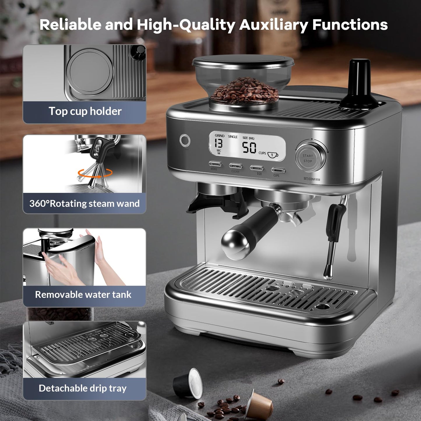 GARVEE 15-Bar All-in-One Espresso Machine with Built-In Grinder - Professional Coffee and Espresso Maker for Cappuccino and Latte, Semi-Automatic with 77 Oz Removable Water Tank, Silver