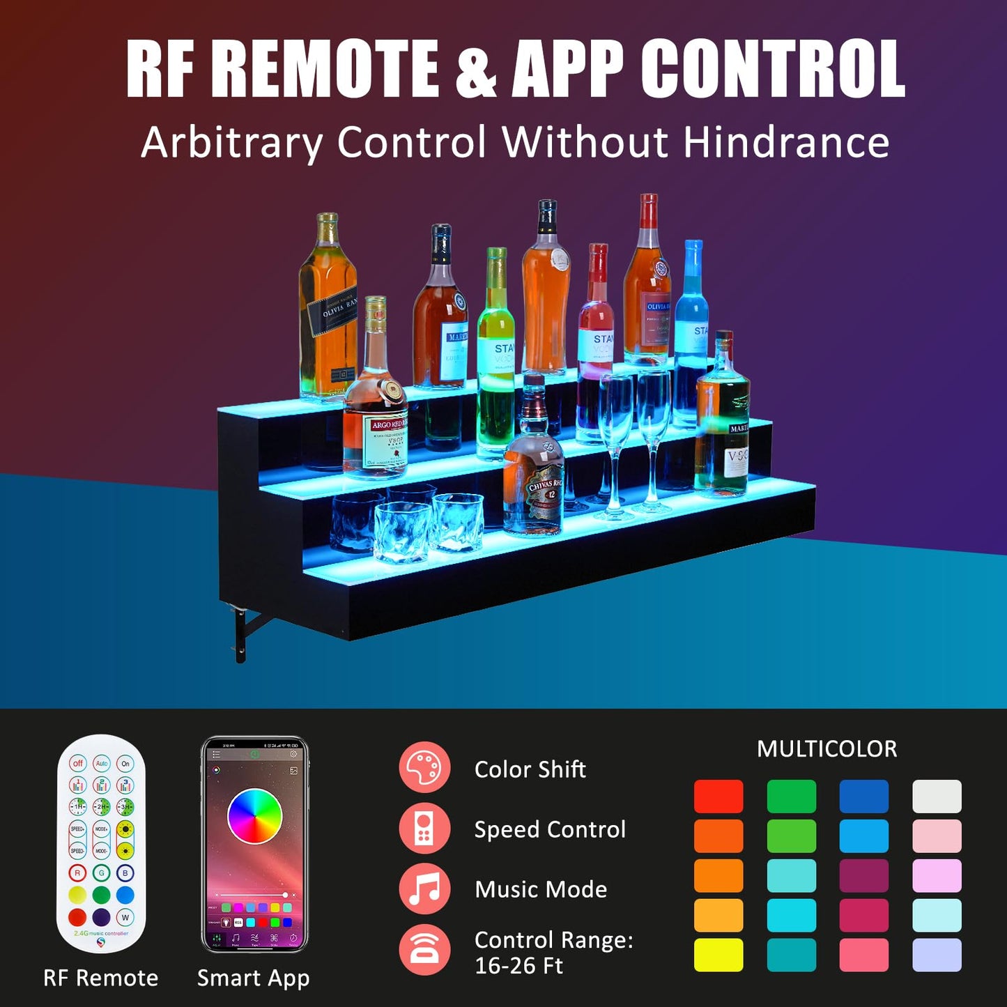 Garvee Led Lighted Liquor Bottle Shelf, 3 Tiers 40 Inches Led Bar Display Shelf With Remote & App Control, 16 Colors, 4 Modes, 1-8 H Timing, Bar Lights for Liquor Shelves