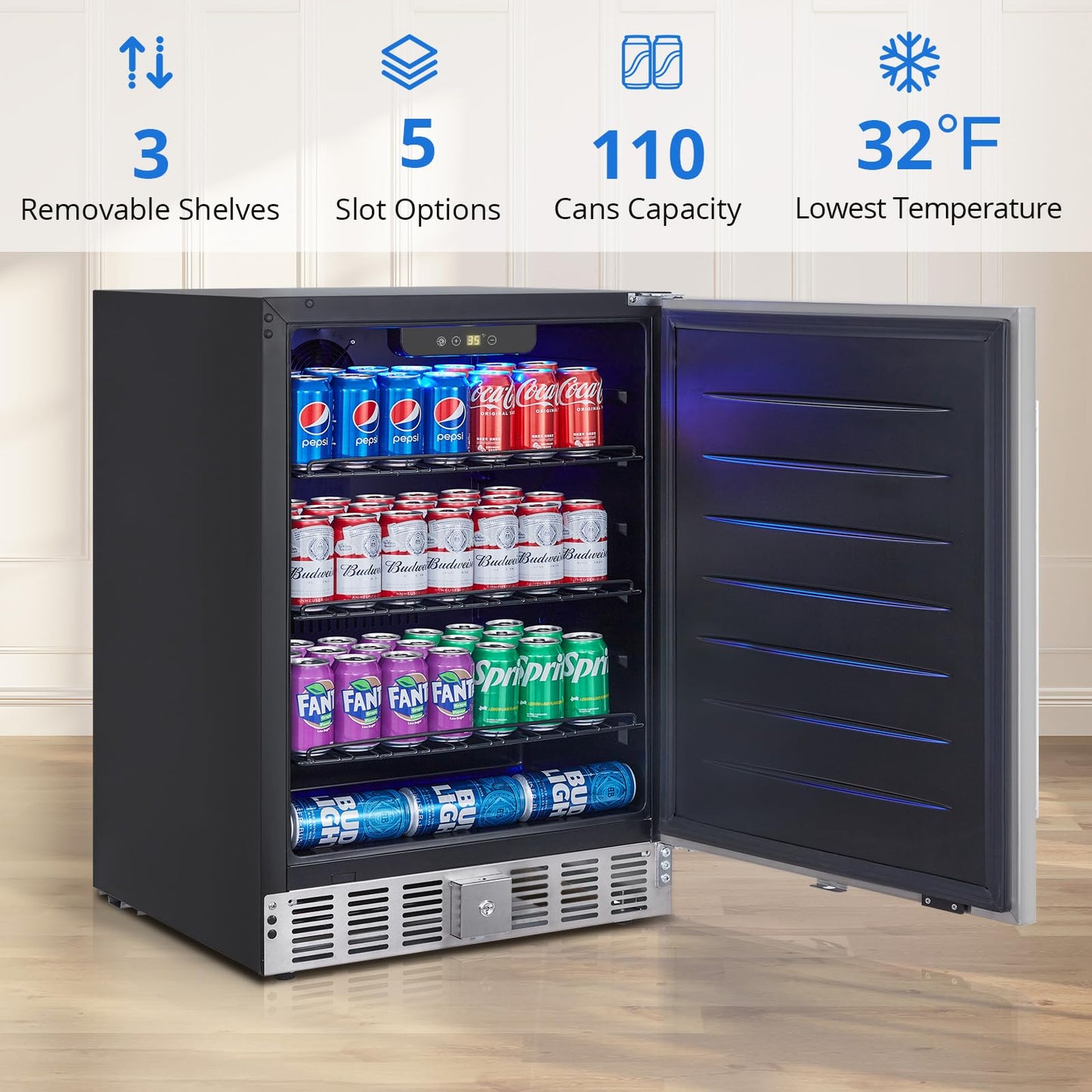 Garvee 24Inch Indoor Beverage Refrigerator Weather Resistant Stainless Steel Beverage Cooler for Up to 180 Cans, Built-in or Freestanding Use