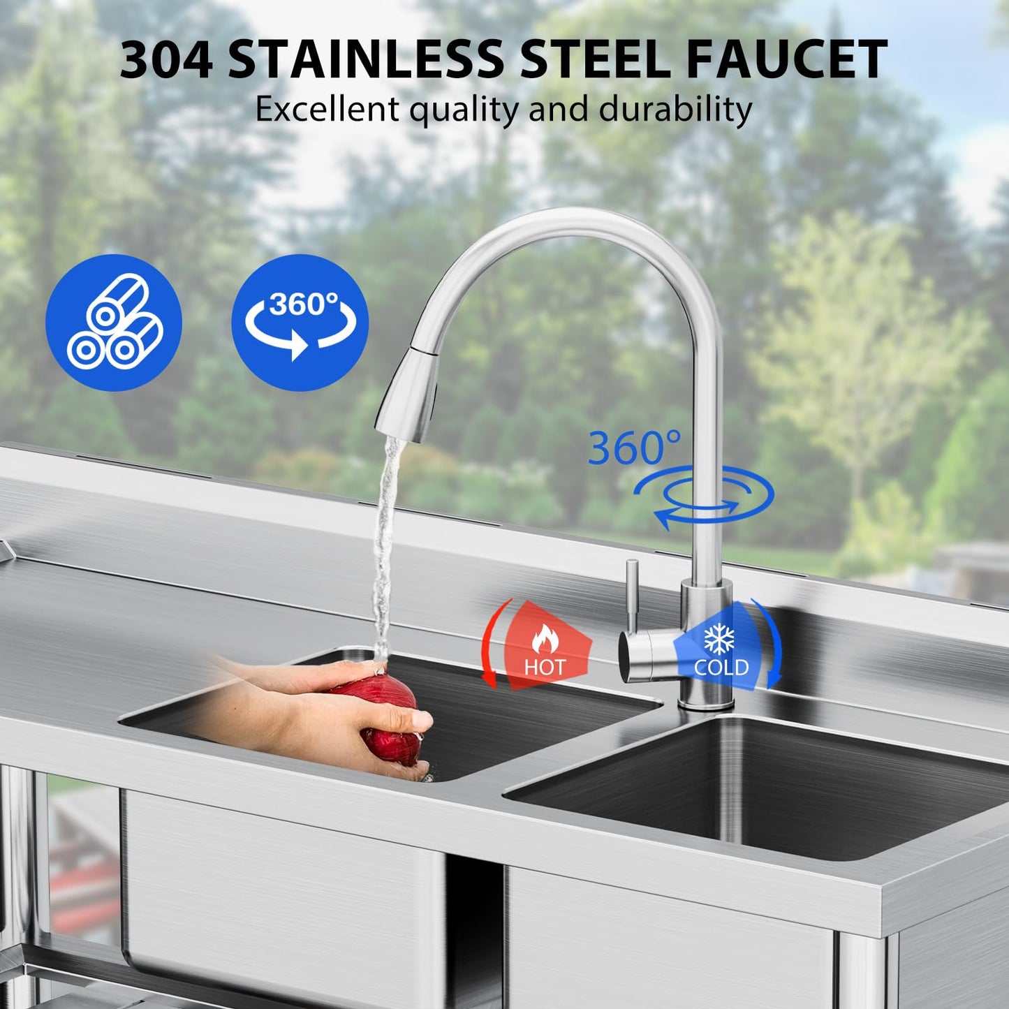 GARVEE 47"x18"x35" Stainless Steel Double Bowl Utility Sink with 360° Rotating Faucets High-Quality Build Ideal for Restaurant Garage Outdoor Cleaning Tasks