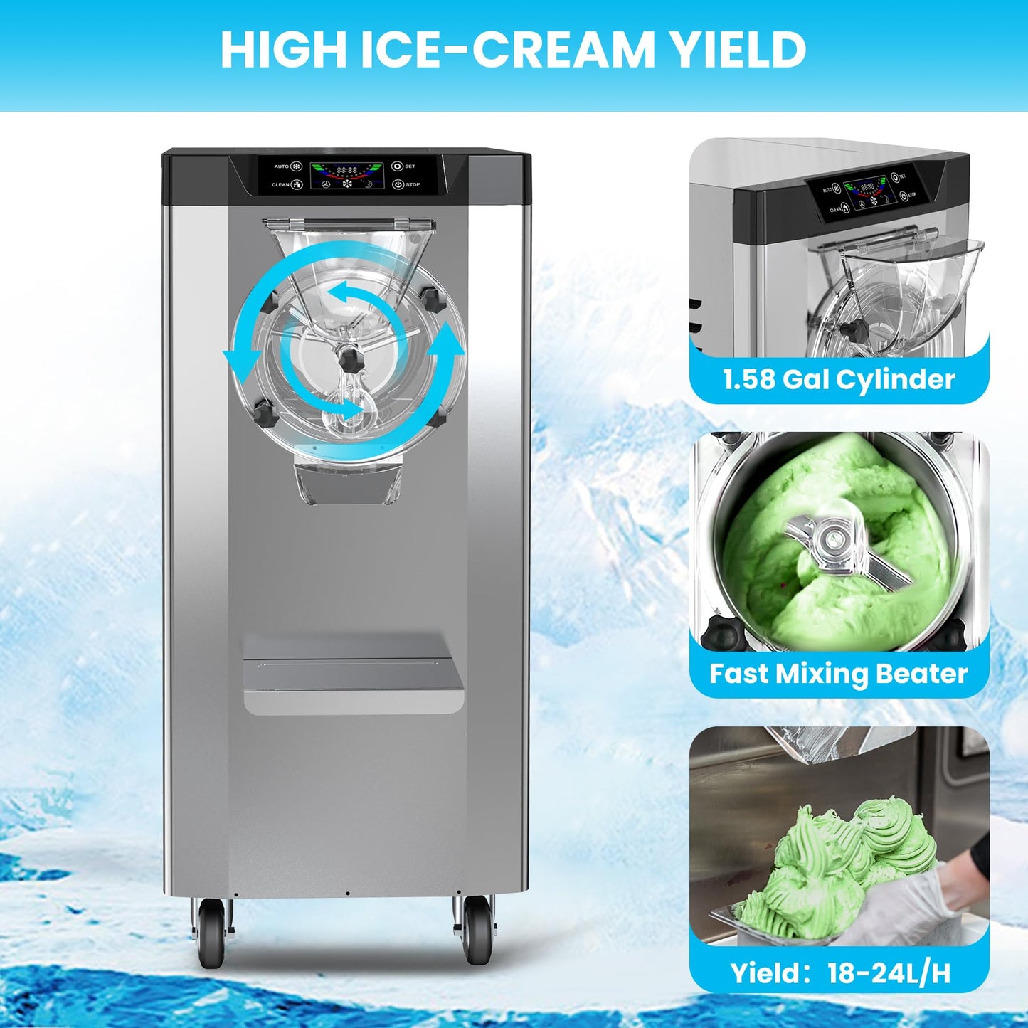 Garvee 2200W Commercial Hard Ice Cream Machine - 6.3Gal/H High Output, Self-Cleaning LCD Touch Screen for Cafes, Bubble Tea Shops & Restaurants (FDA Stainless Steel)