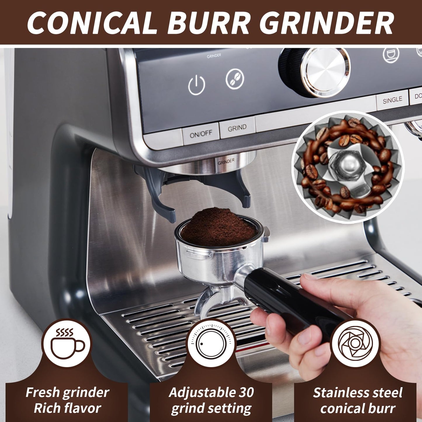 Garvee Professional Espresso Machine with Grinder: Brew Barista-Quality Coffee at Home,Professional Espresso Maker with Milk Frother Steam Wand, 20 Bar Barista Cappuccino Machine - Gray