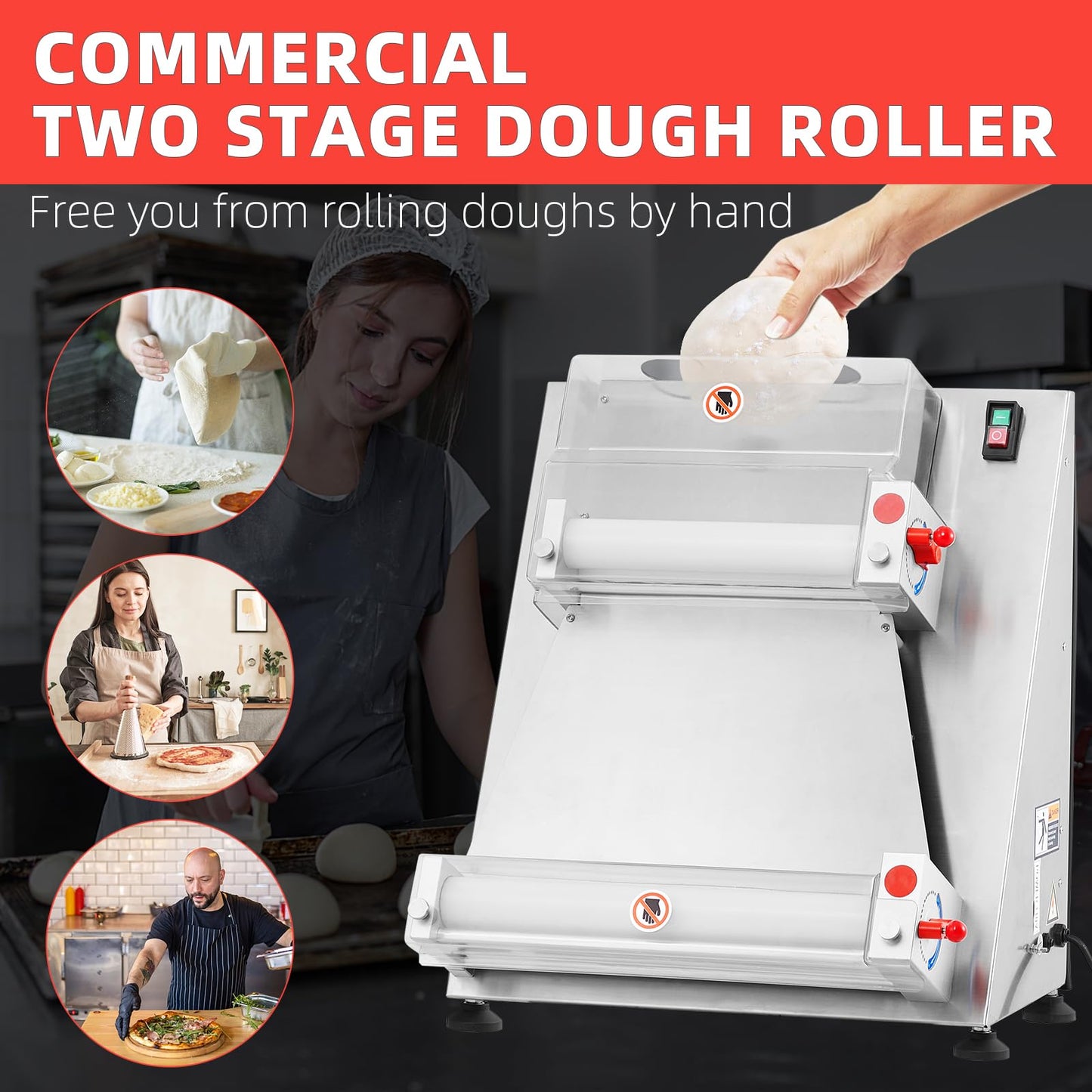 Garvee Commercial Pizza Dough Roller Sheeter, Max 16", Automatic 370W Electric Pizza Dough Roller, Stainless Steel, Suitable for Noodle, Pizza Bread and Pasta Maker Equipment