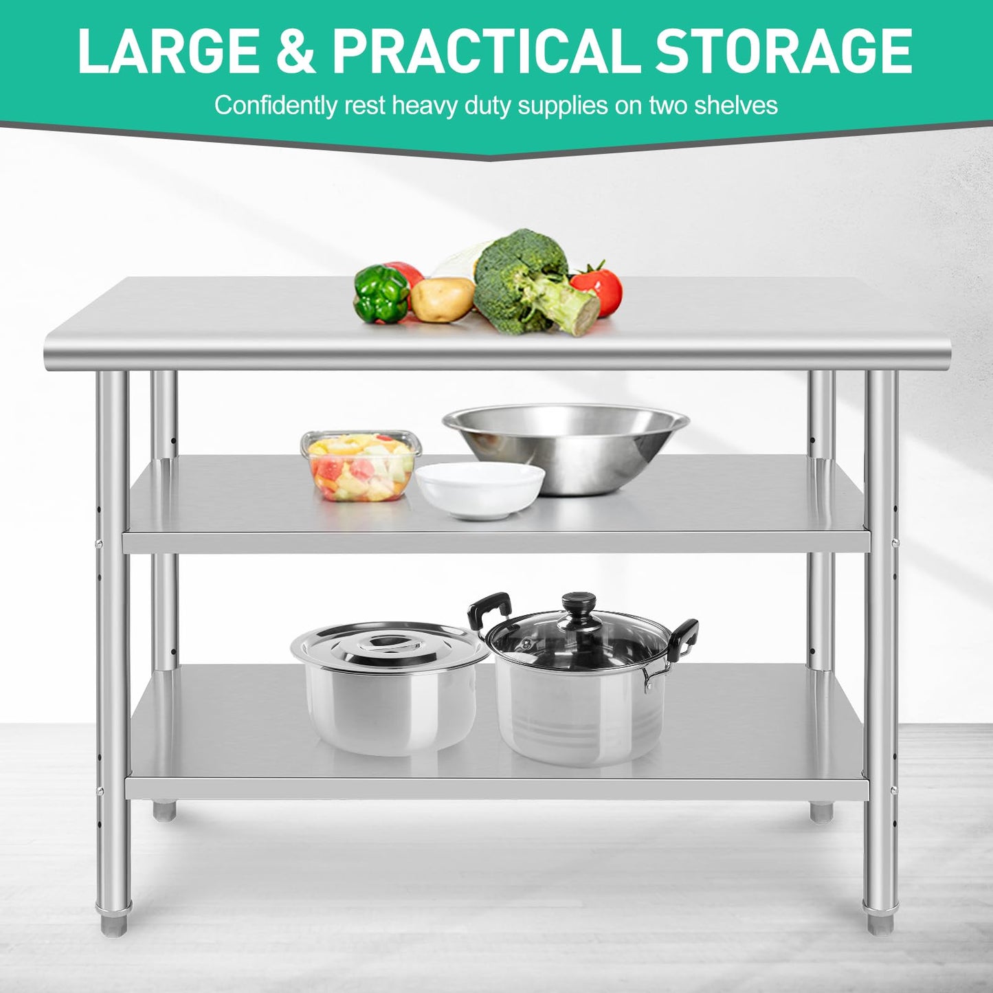 GARVEE 48"L x 24"W x 35"H Three-Layer Stainless Steel Work Table - NSF Certified, Heavy-Duty with Adjustable Feet and Polished Surface for Kitchen, Restaurant, and Home