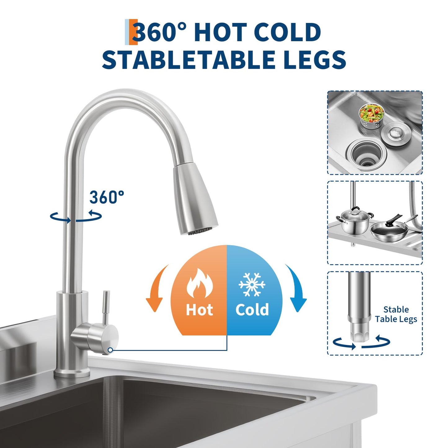 Garvee 47"W X 20"D X 37"H Freestanding Stainless Steel Utility Sink with Workbench, Adjustable Legs, Storage Shelf, Knife Holder for Commercial Kitchen, Silver