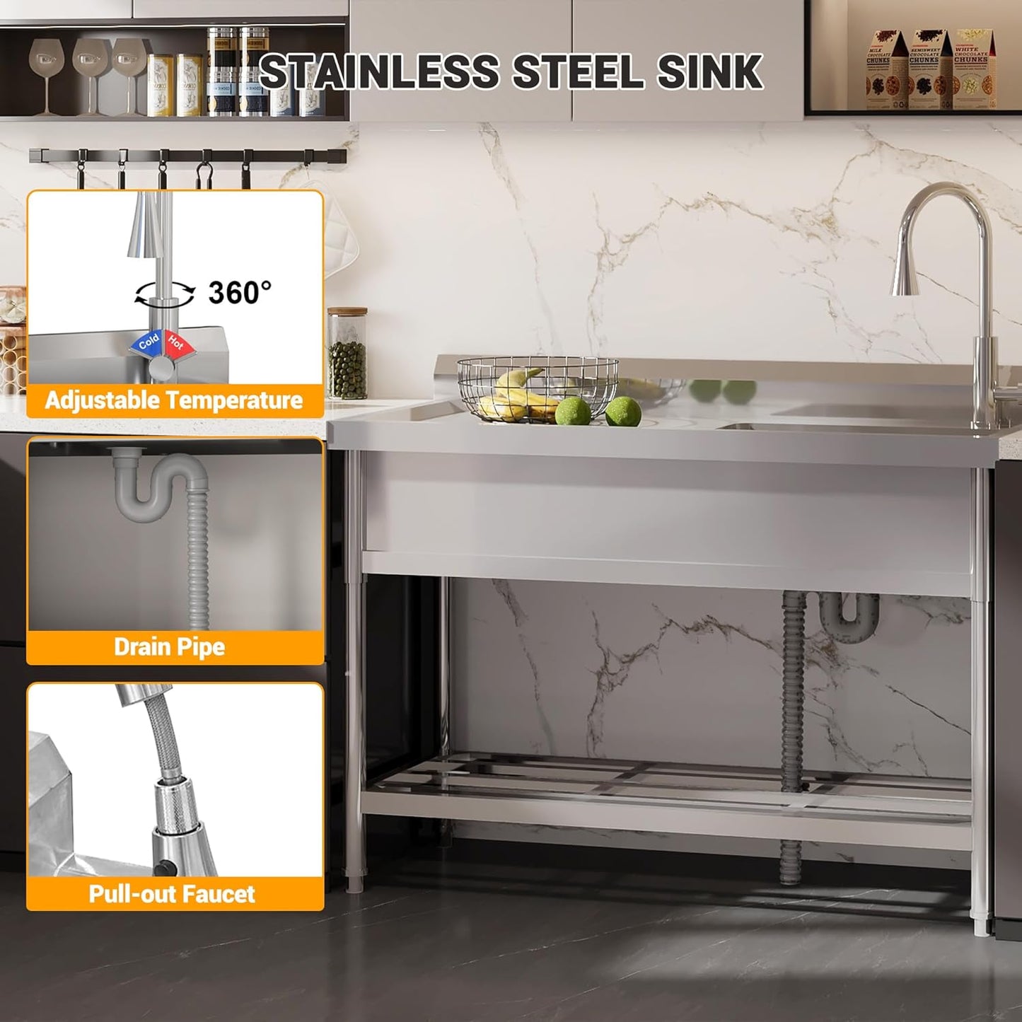 Garvee 47"W x 20"D x 37"H Stainless Steel Utility Sink - Free Standing Single Bowl with Cold & Hot Water Faucet for Kitchen, Laundry Room, Restaurant, Garage, Garden