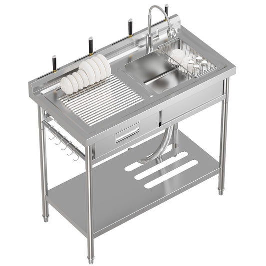 Garvee 20"D X 40"W X 39"H Stainless Steel Laundry Utility Sink, Freestanding Single Bowl Kitchen Sink with Hot & Cold Water Faucet, Built-In Wash Board, Drawer, Drain Basket, Dish Rack for Laundry Room, Garage, Durable Rust-Resistant