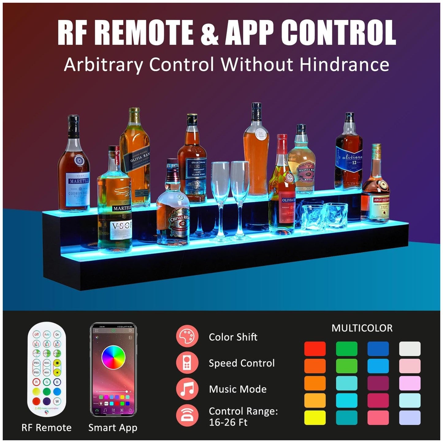 Garvee LED Lighted Liquor Bottle Display Shelf 48 Inch 2-Tier Acrylic Remote App Control 16 Colors 4 Modes for Bars Restaurants