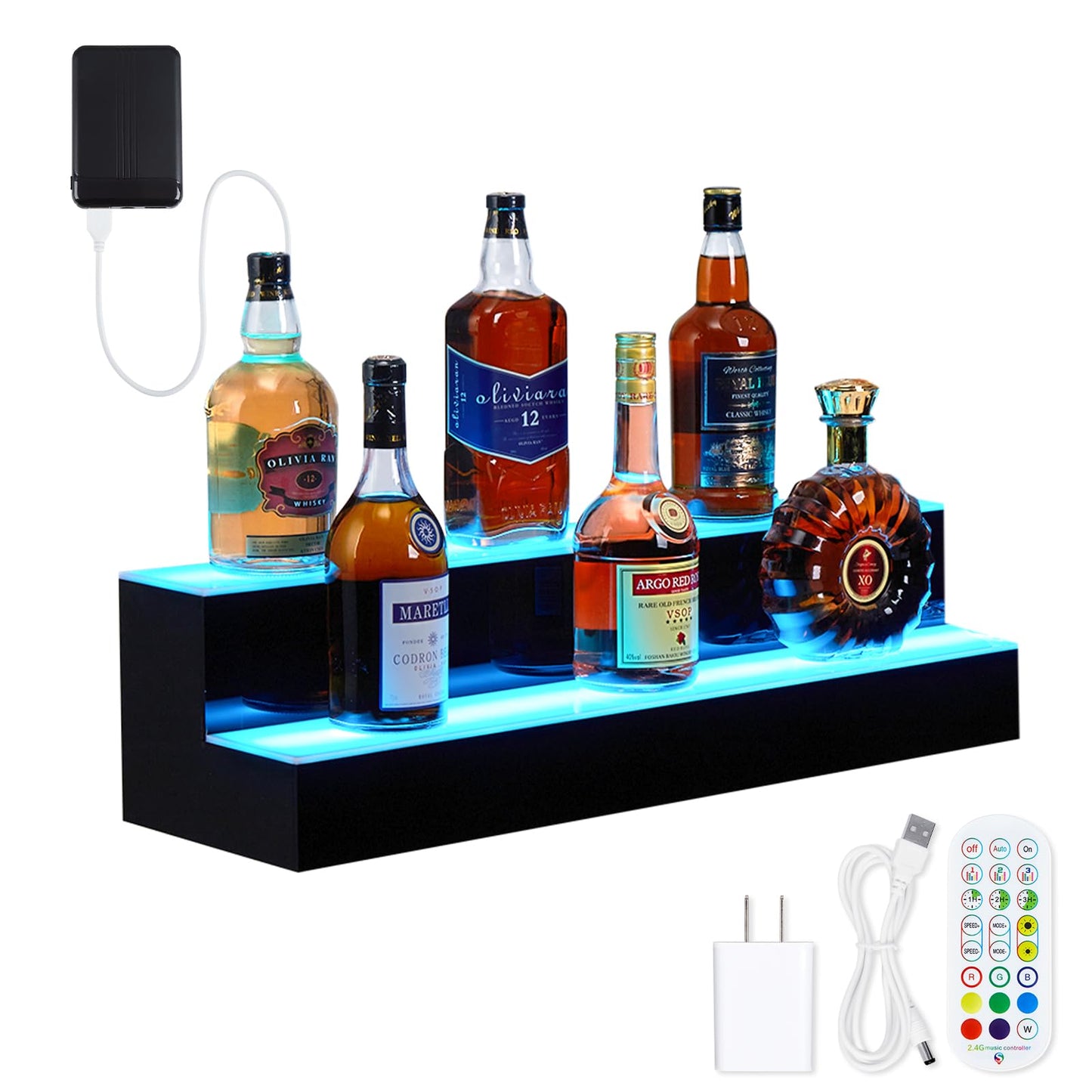 Garvee 24" LED Acrylic Bar Bottle Display Shelf - 2-Tier Commercial/Home Liquor Shelf with Remote & App Control, 20 Static Colors, USB-Powered