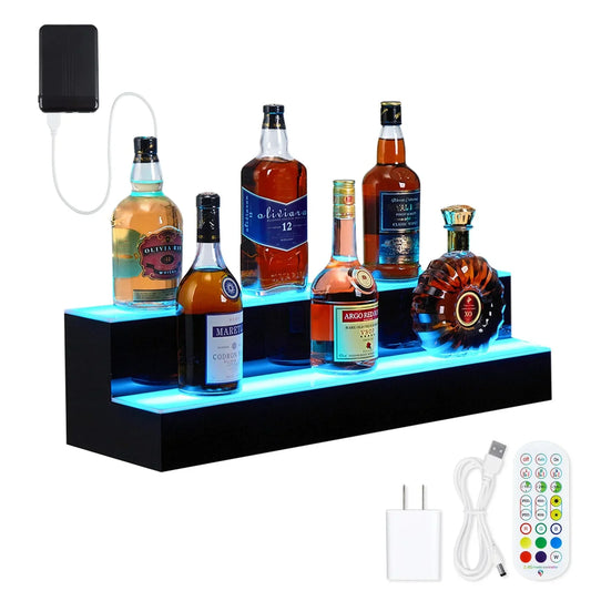 Garvee LED Lighted Liquor Bottle Display, 2 Tier 30 Inch Wall Mounted Acrylic Liquor Shelf with Wine Holder Slots, 4 Modes, 16 Colors, Remote & App Control for Home Commercial Bar