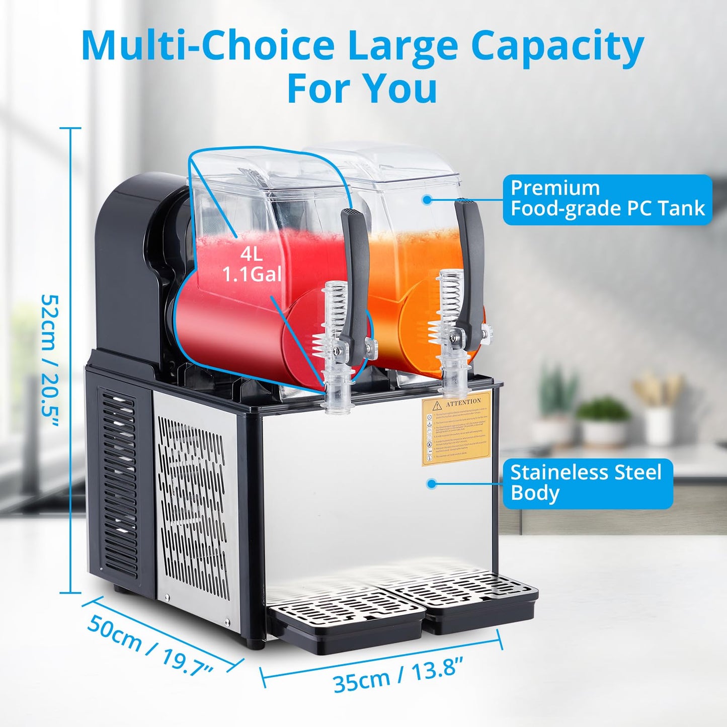 Garvee Commercial Slushie Machine 4Lx2 Stainless Steel 300W Self-Cleaning Double Tank for Home Coffee Shop Restaurant