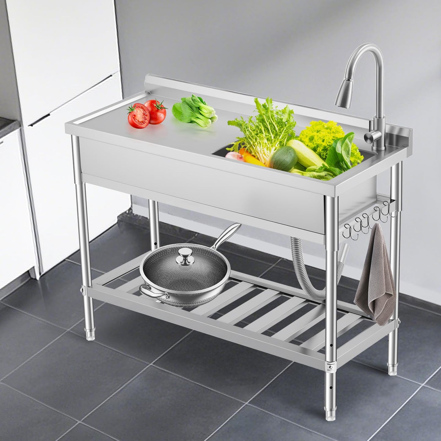 Garvee 47"W X 20"D X 37"H Freestanding Stainless Steel Utility Sink with Workbench, Adjustable Legs, Storage Shelf, Knife Holder for Commercial Kitchen, Silver