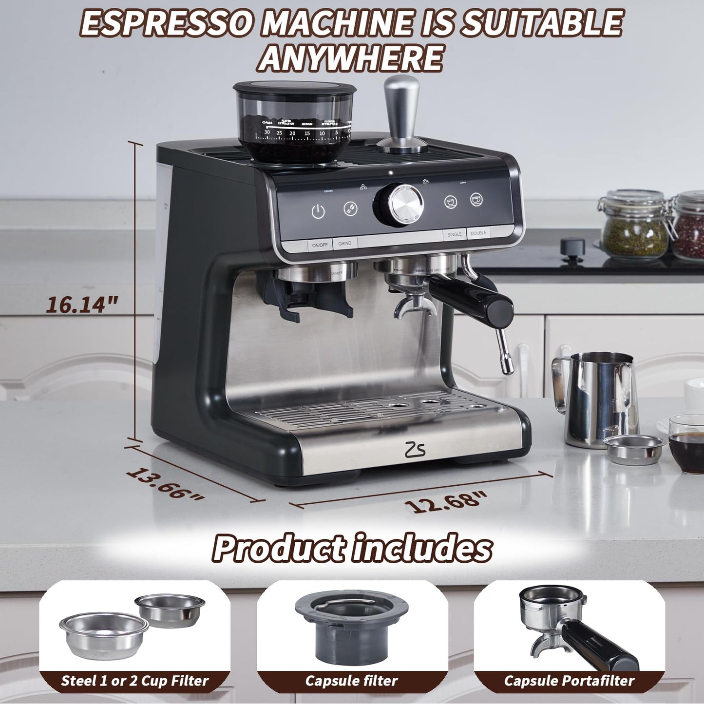Garvee Professional Espresso Machine with Grinder: Brew Barista-Quality Coffee at Home,Professional Espresso Maker with Milk Frother Steam Wand, 20 Bar Barista Cappuccino Machine - Gray