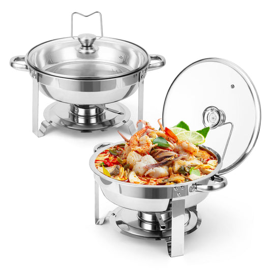 Garvee Chafing Dish Buffet Set 2 Pack 5QT, Stainless Steel Round Chafing Dishes for Buffet with Lid Holder & Glass Lid, Buffet Servers and Warmers for Parties, Wedding, Camping, Dinner, Silver