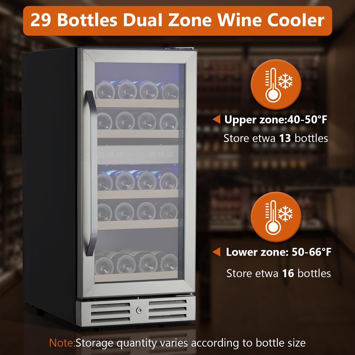 Garvee 15 Inch Wine Cooler Under Counter 29 Bottle Dual Zone Wine Refrigerator with Stainless Steel Digital Temperature Control for Kitchens Bar