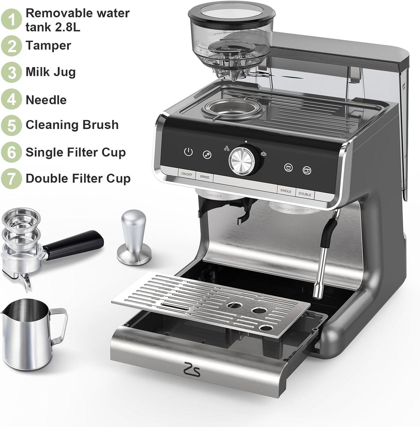 Garvee 1450W 120V 20 Bar Espresso Machine with Steam Wand, Fast Heat,Built-In Bean Grinder,for Home Barista, Gifts for Dad,Mom,Coffee Lover- Gray