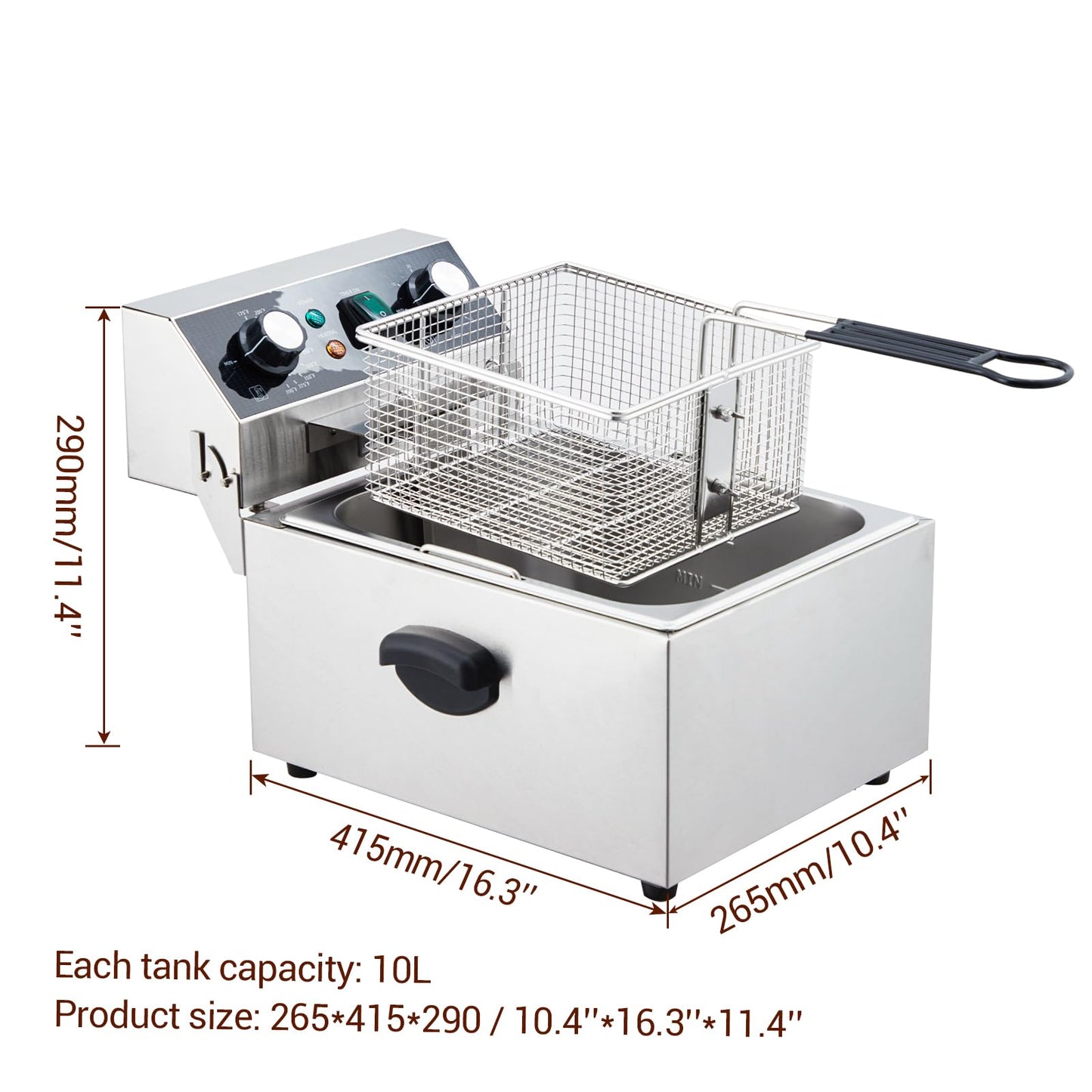 Garvee 10L 1800W Electric Deep Fryer - Single Stainless Steel Tank with Easy-Clean Rotary Head, 60-Min Timer & Adjustable Temp (110V)