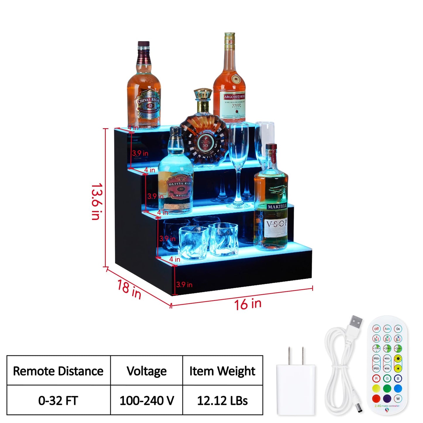 Garvee LED Lighted Liquor Bottle Display, 4 Tier 16 Inch LED Bar Display Shelf with Remote & App Control, Acrylic Lighted Bottle Display Stand, 16 Colors, 4 Modes, Bar Shelves for Liquor Bottles