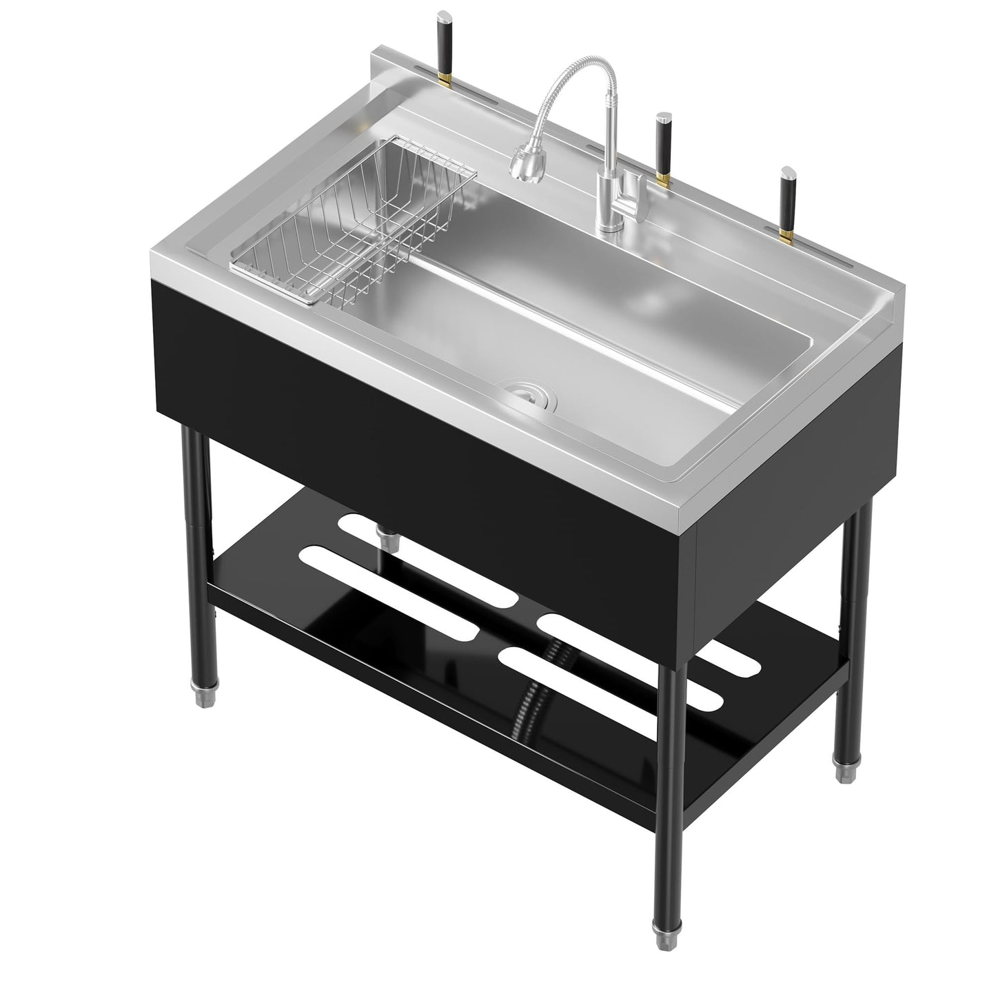 Garvee 20"D X 36"W X 35.5"H Commercial Stainless Steel Utility Sink, Black, Freestanding Kitchen Sink with Hot & Cold Water Faucet for Indoor and Outdoor Use