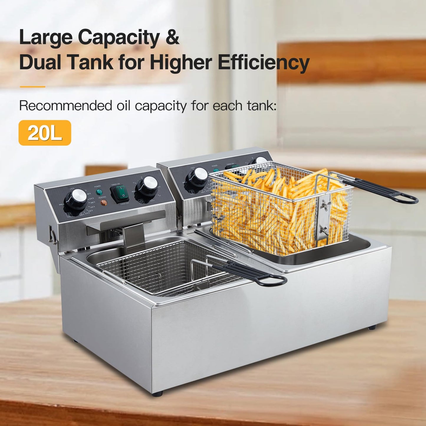 Garvee 3600 Watts Dual 10L+10L Electric Deep Fryer with Basket - Stainless Steel Commercial Fryer with Timer & Temp Control, Easy-Clean (110V)