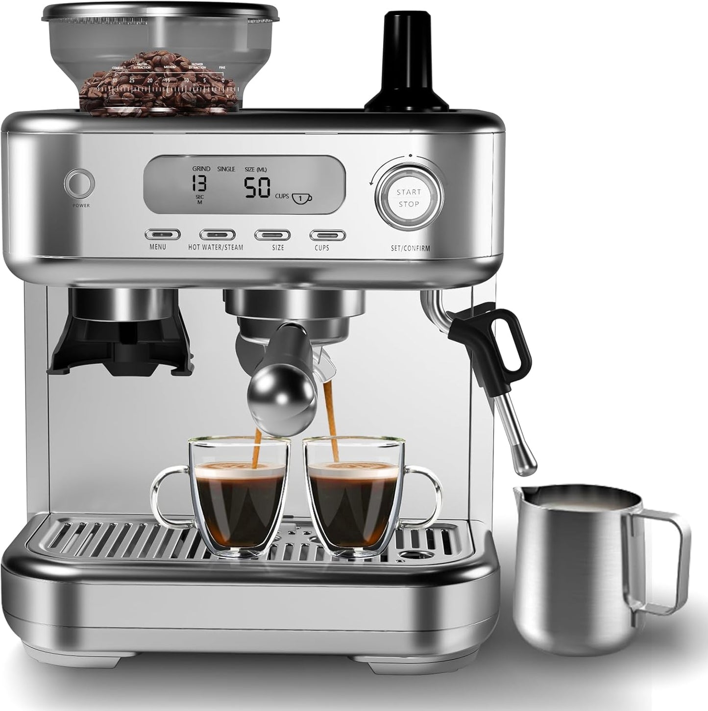 GARVEE 15-Bar All-in-One Espresso Machine with Built-In Grinder - Professional Coffee and Espresso Maker for Cappuccino and Latte, Semi-Automatic with 77 Oz Removable Water Tank, Silver