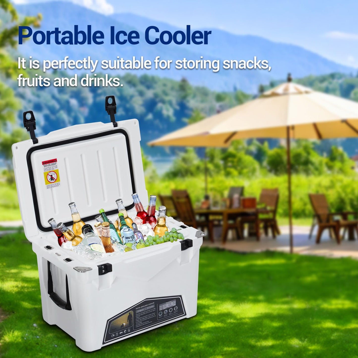 Garvee 35 Qt Portable Ice Cooler – Heavy Duty Ice Chest with Cup Holder, Fish Ruler, Bottle Opener, Easy Drainage, Durable LLPDE & PU, Leak-Proof Design for Camping, Beach, Boat, Fishing, Picnic, Travel