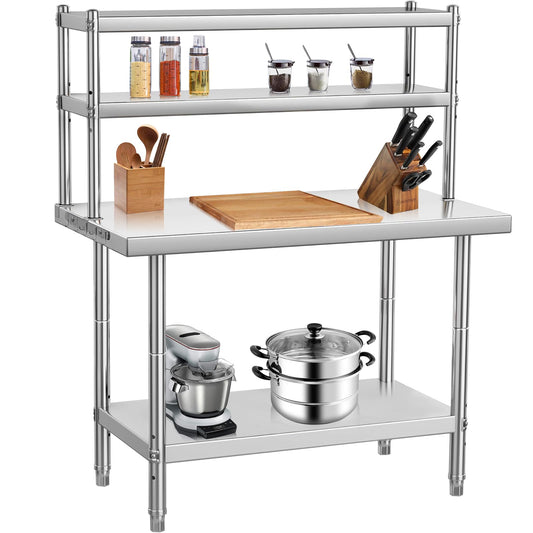 GARVEE 30"L x 24"W x 55"H Stainless Steel Table with Overshelves - Commercial Work Table with 30" x 12" Shelf, Kitchen Prep Table & Shelving Combo