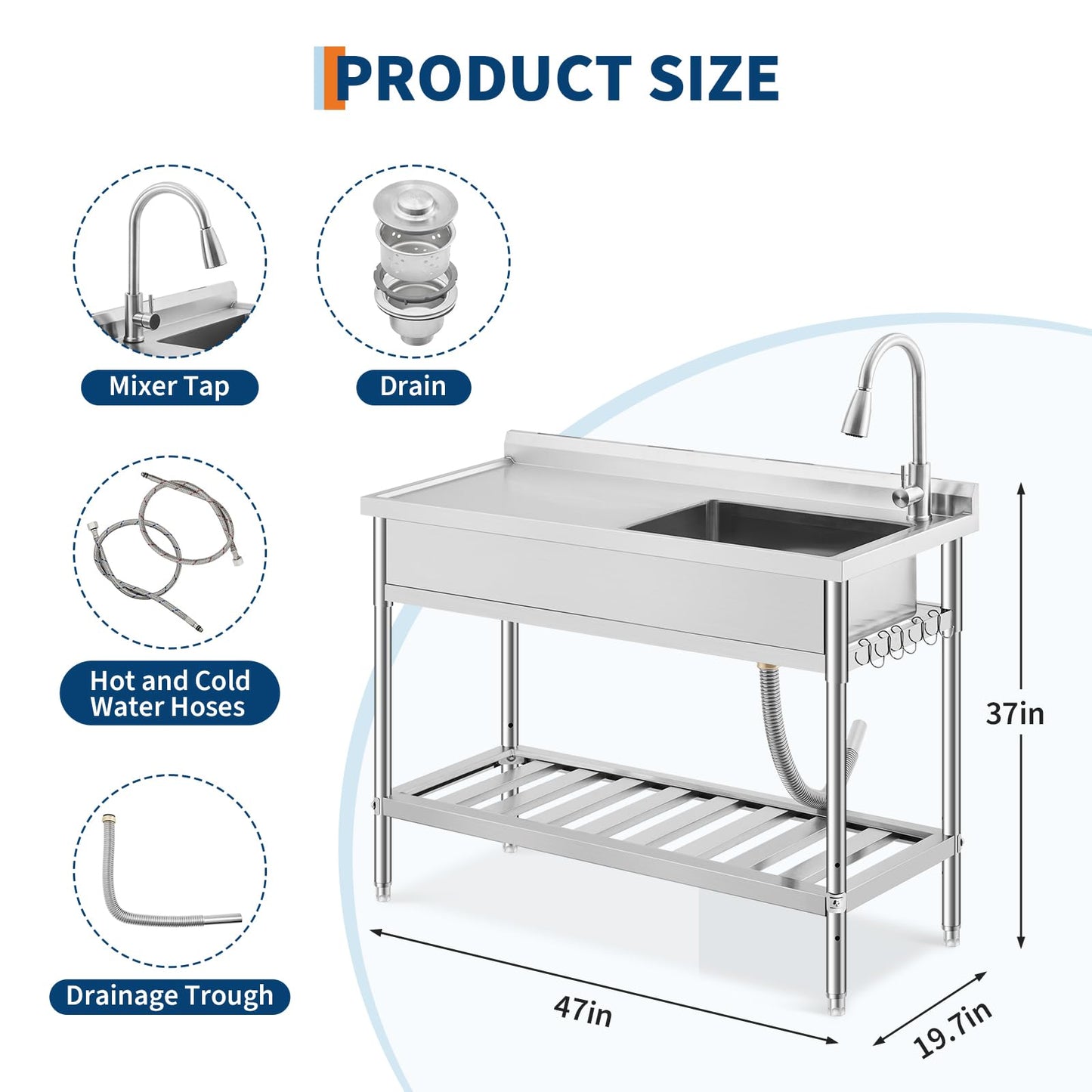 Garvee 47"W X 20"D X 37"H Freestanding Stainless Steel Utility Sink with Workbench, Adjustable Legs, Storage Shelf, Knife Holder for Commercial Kitchen, Silver