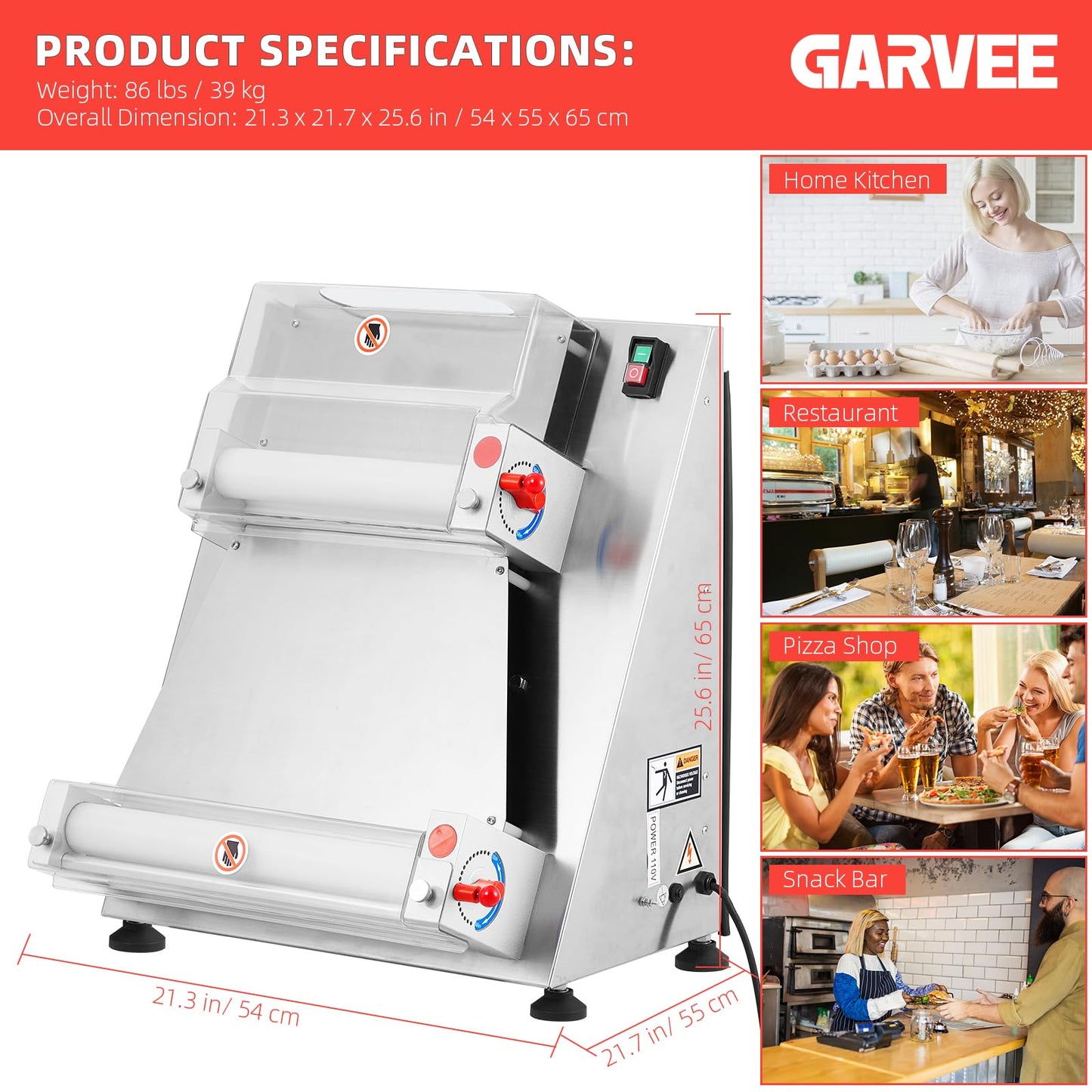 Garvee Commercial Pizza Dough Roller Sheeter, Max 16", Automatic 370W Electric Pizza Dough Roller, Stainless Steel, Suitable for Noodle, Pizza Bread and Pasta Maker Equipment