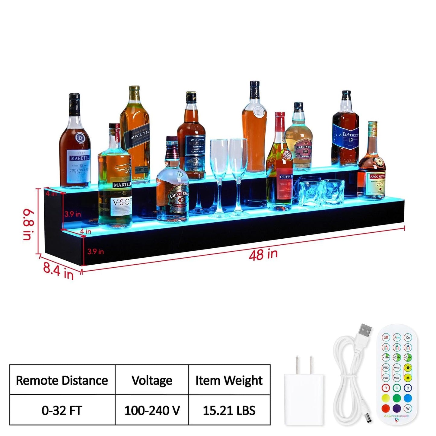Garvee LED Lighted Liquor Bottle Display Shelf 48 Inch 2-Tier Acrylic Remote App Control 16 Colors 4 Modes for Bars Restaurants