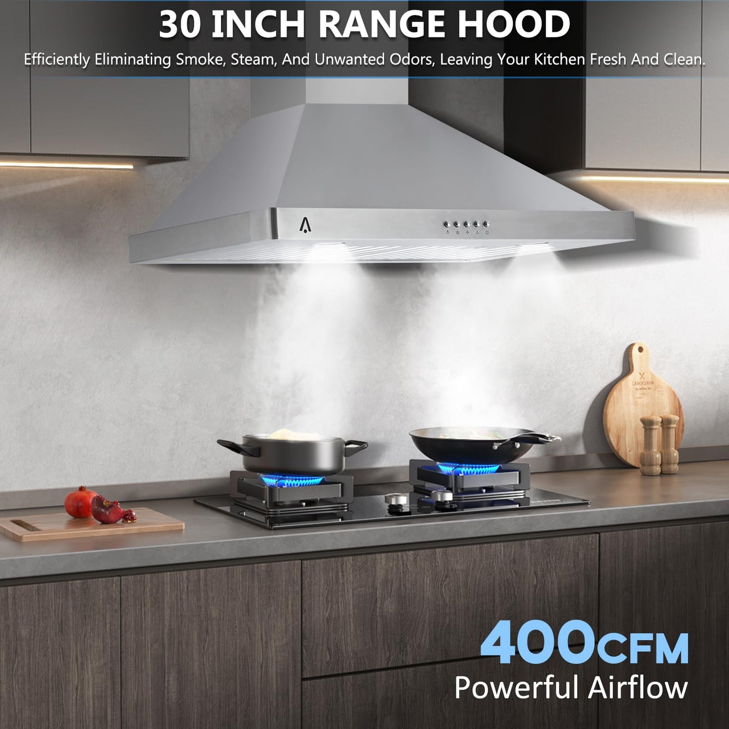 Garvee Range Hood 30 inch, Wall Mount Range Hood in Stainless Steel, Ducted/Ductless Convertible Duct, Kitchen Hood w/Baffle Filters, 3 Speed Fan, LED Light, Push Button Control