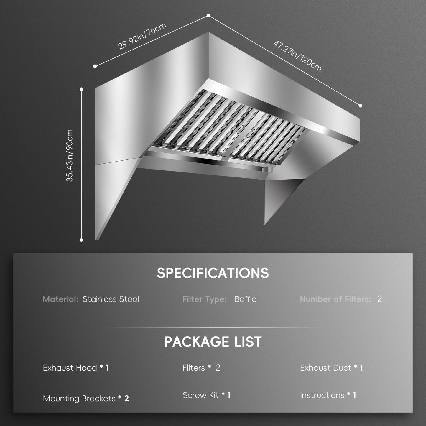 Garvee Commercial Exhaust Hood 4FT Rust Resistant 201 Stainless Steel with 2 Detachable U-shaped Grid Oil Filter Mesh for Kitchen Restaurant