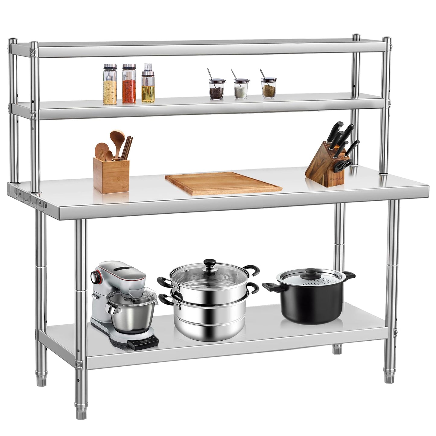GARVEE 48"L x 24"W x 55"H Stainless Steel Table with 48" x 12" Overshelves - Commercial Kitchen Prep Table & Shelving Combo