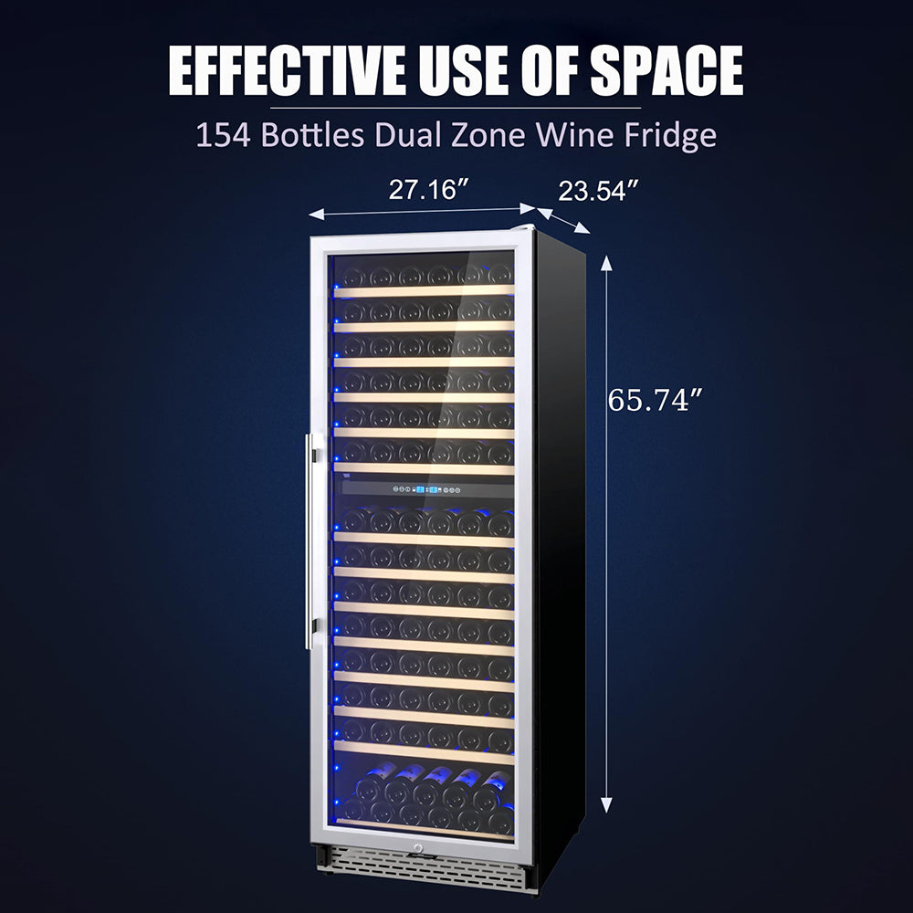 Garvee Dual Zone Freestanding Wine Fridge 24" - 154 Bottle Capacity, Built-In Wine Cooler Refrigerator With Safety Child Lock for Red, White, Champagne, or Sparkling Wine - Stainless Steel