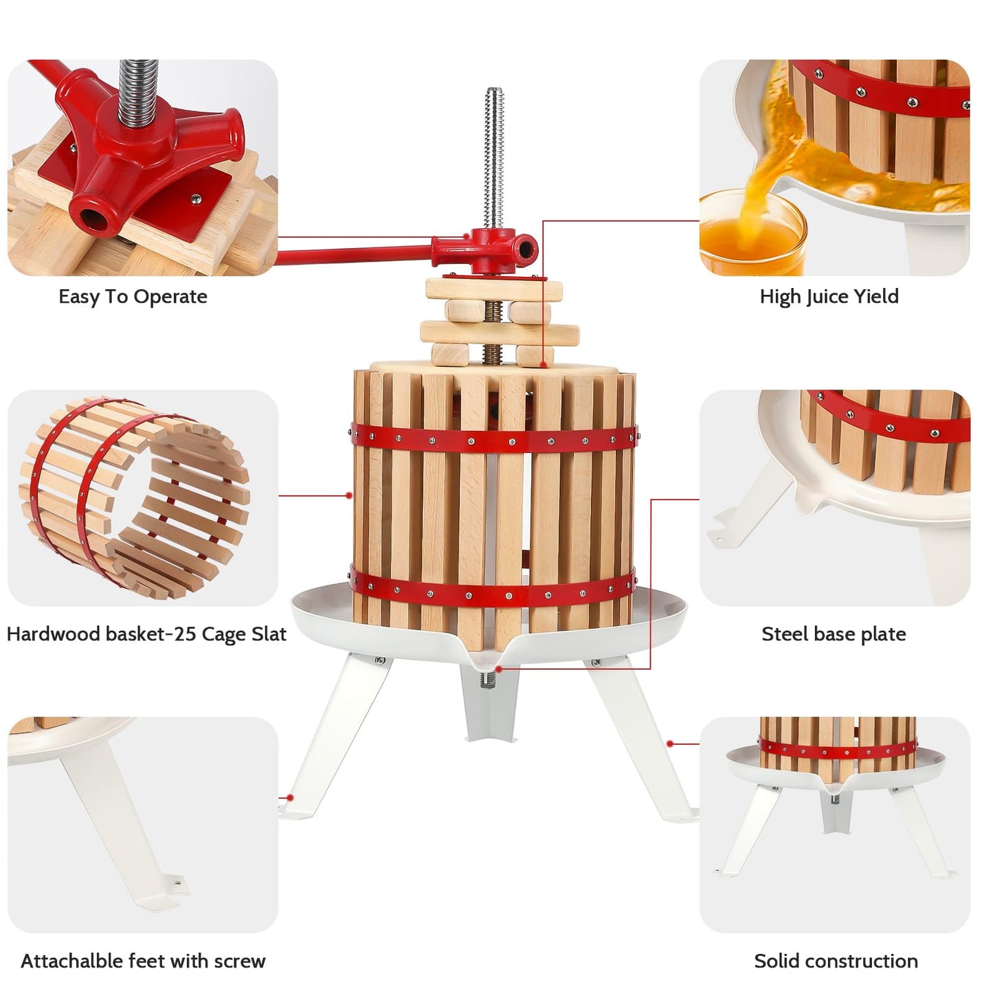 Garvee 3.2 Gal Manual Fruit Wine Press, Wood Steel Fruit and Wine Press With T-Handle, Stable Triangular Structure, Wine Making Press for Outdoor, Kitchen, Manual Assembly Required