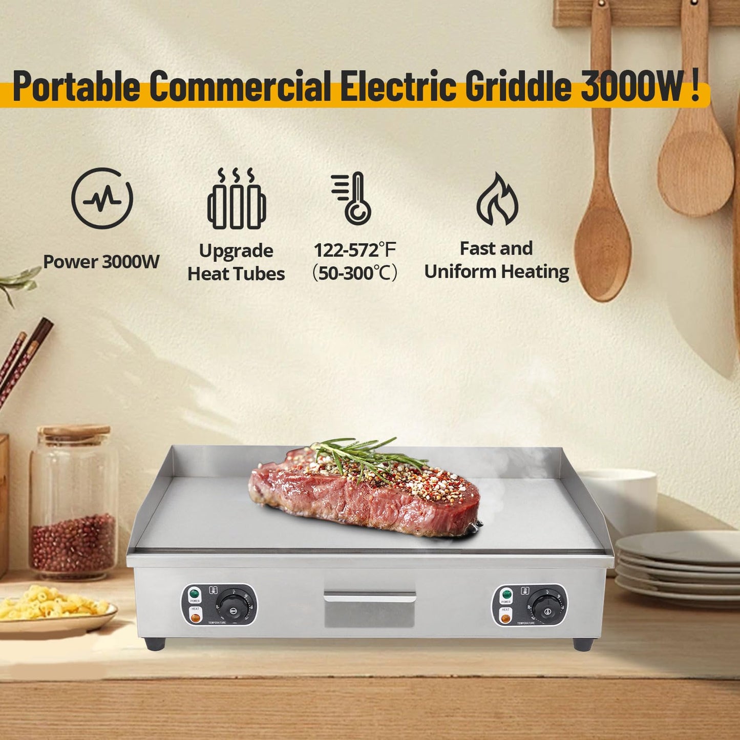 Garvee 29" Commercial Electric Griddle with Precise Temperature Control 122°F-572°F, 3000W Stainless Steel Electric Grill,Flat Top Countertop Griddle for Kitchen Restaurant, 110V 60HZ (No Plug)