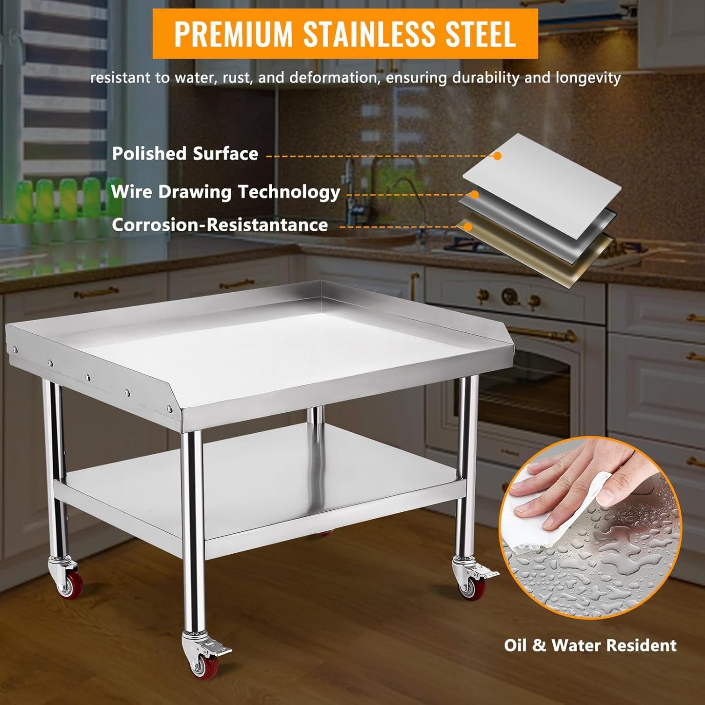 GARVEE 24"L x 24"W x 29"H Stainless Steel Equipment Grill Stand Table - 1000 lbs Top Shelf, 220 lbs Bottom Shelf, 2" Edge Baffle, with Wheels for Home, Hotel, and Commercial Kitchens