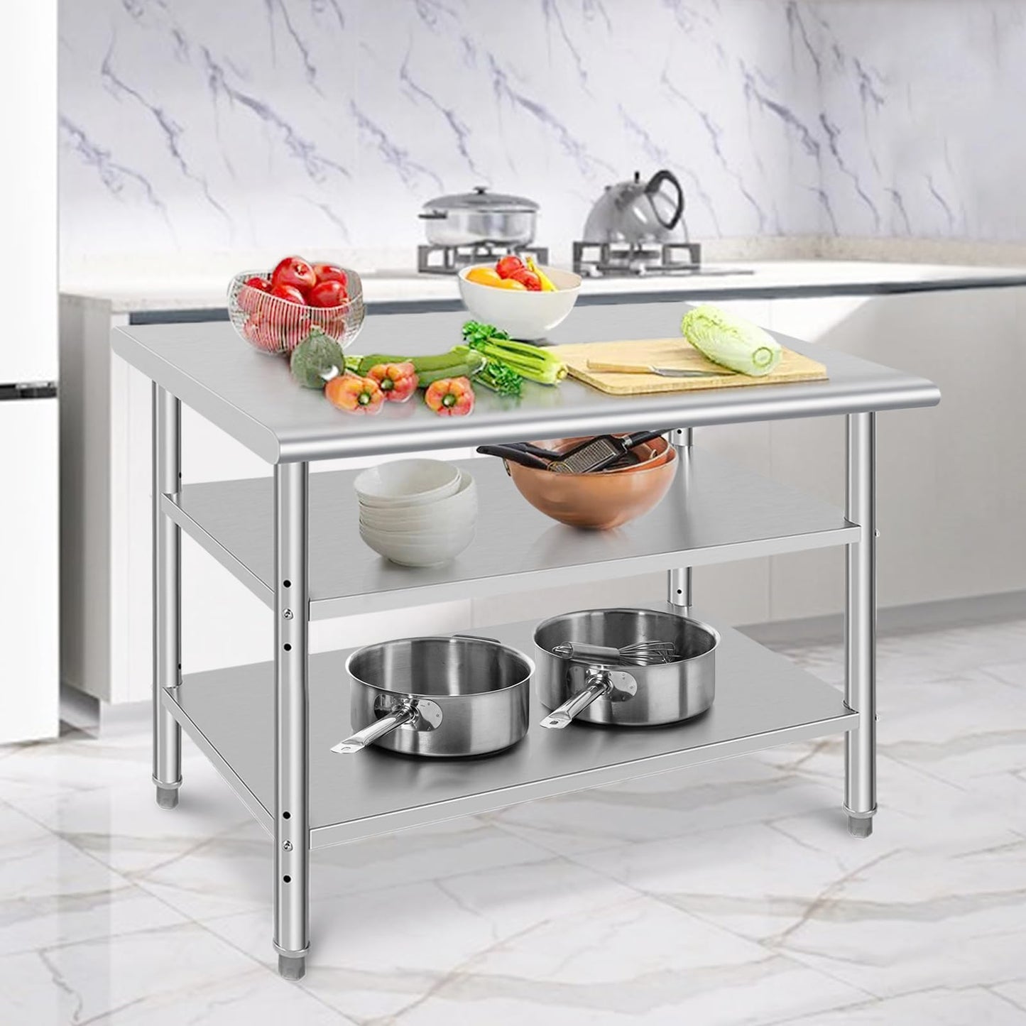GARVEE 48"L x 24"W x 35"H Three-Layer Stainless Steel Work Table - NSF Certified, Heavy-Duty with Adjustable Feet and Polished Surface for Kitchen, Restaurant, and Home