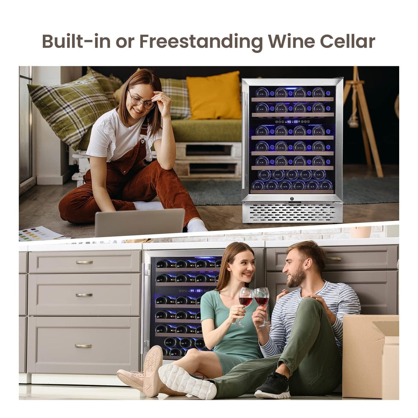 Garvee Wine Cooler Refrigerator 51 Bottles Compressor Dual Zone Built-in or Freestanding Fridge with Seamless Stainless Steel & Triple-Layer Tempered Reversible Glass Door and Temperature Memory Function