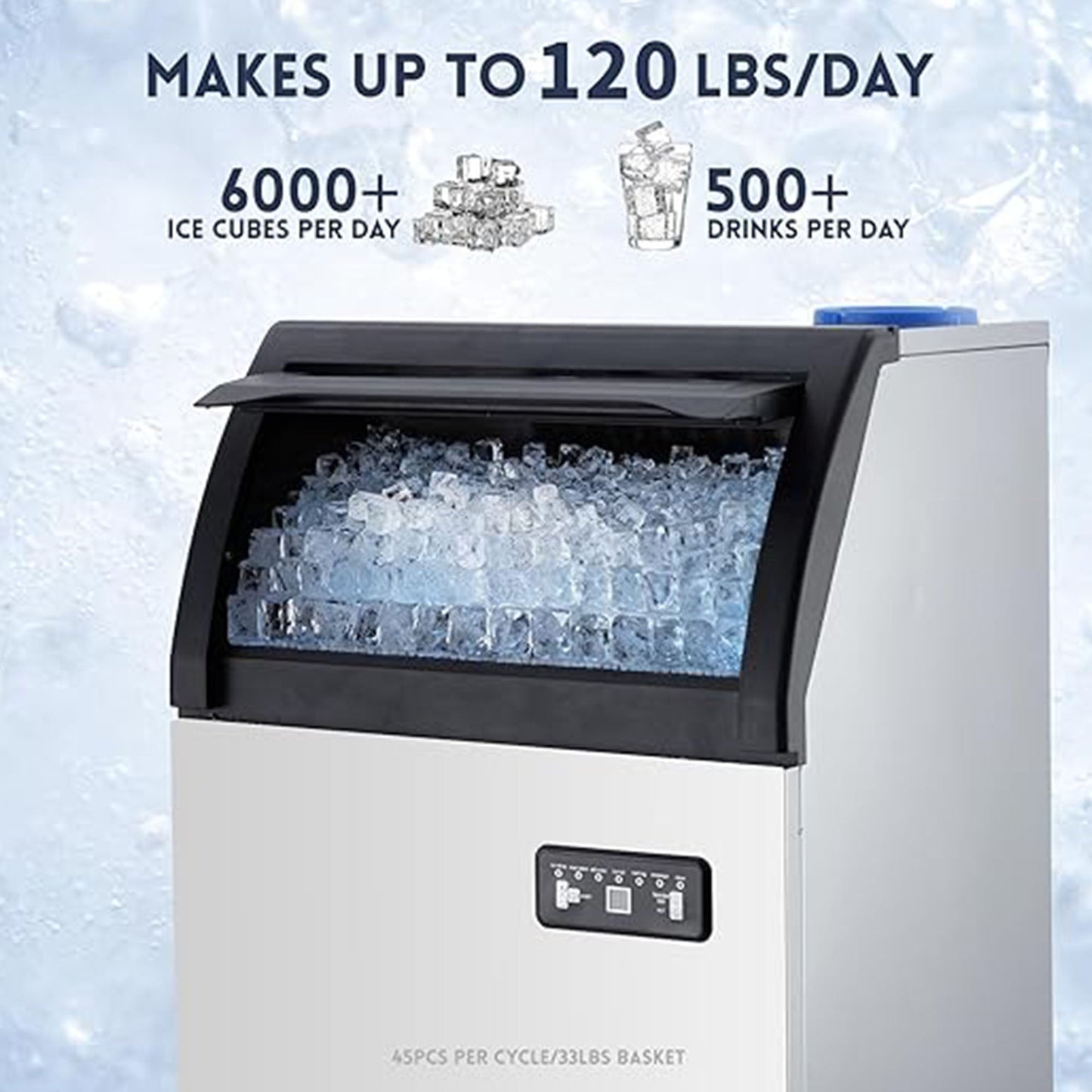 GARVEE 120Lbs/24H Commercial Ice Maker - 33Lbs Storage, Under Counter Stainless Steel, Dual Water Inlet (Tap/Bottle), Self-Cleaning & Quiet Operation, for Restaurant/Bar/Home