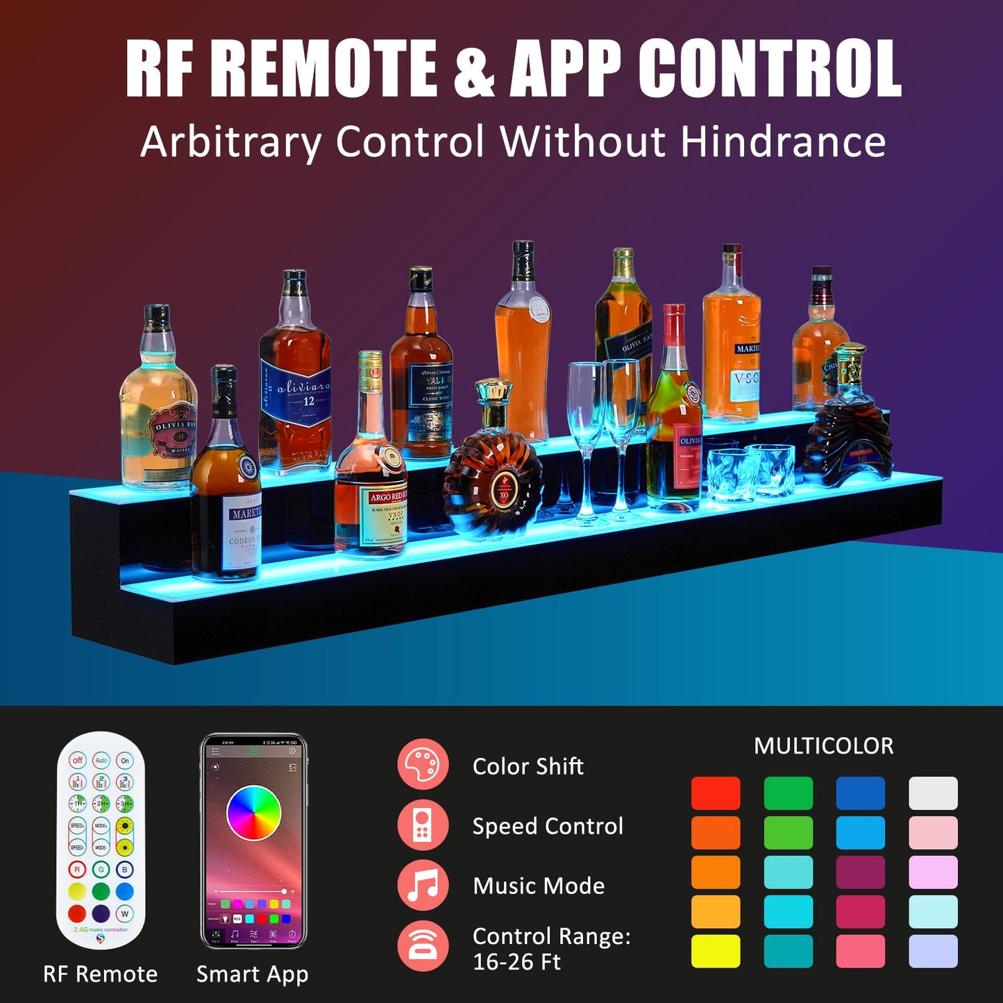 Garvee LED Lighted Liquor Bottle Display Shelf, 2 Tiers, 60 Inches, Remote & App Control, Acrylic, 16 Colors, 4 Modes, Home & Bar Use