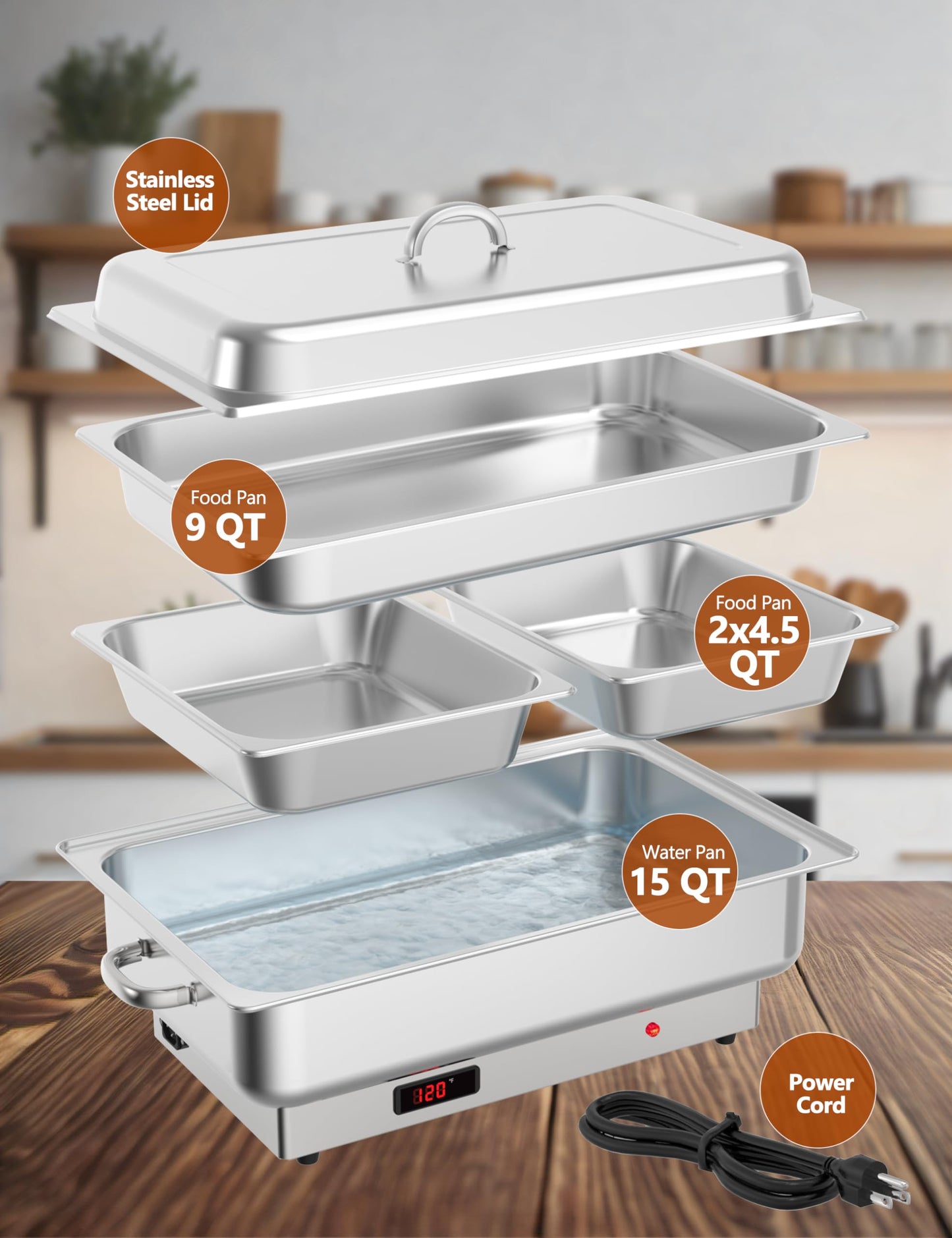 Garvee 9QT(1x1/1+ 2x1/2Pan)Electric Chafing Dish with Temperature Control, Stainless Steel Buffet Servers and Warmers,Electric Chafing Dish Set with Temperature Control for Catering